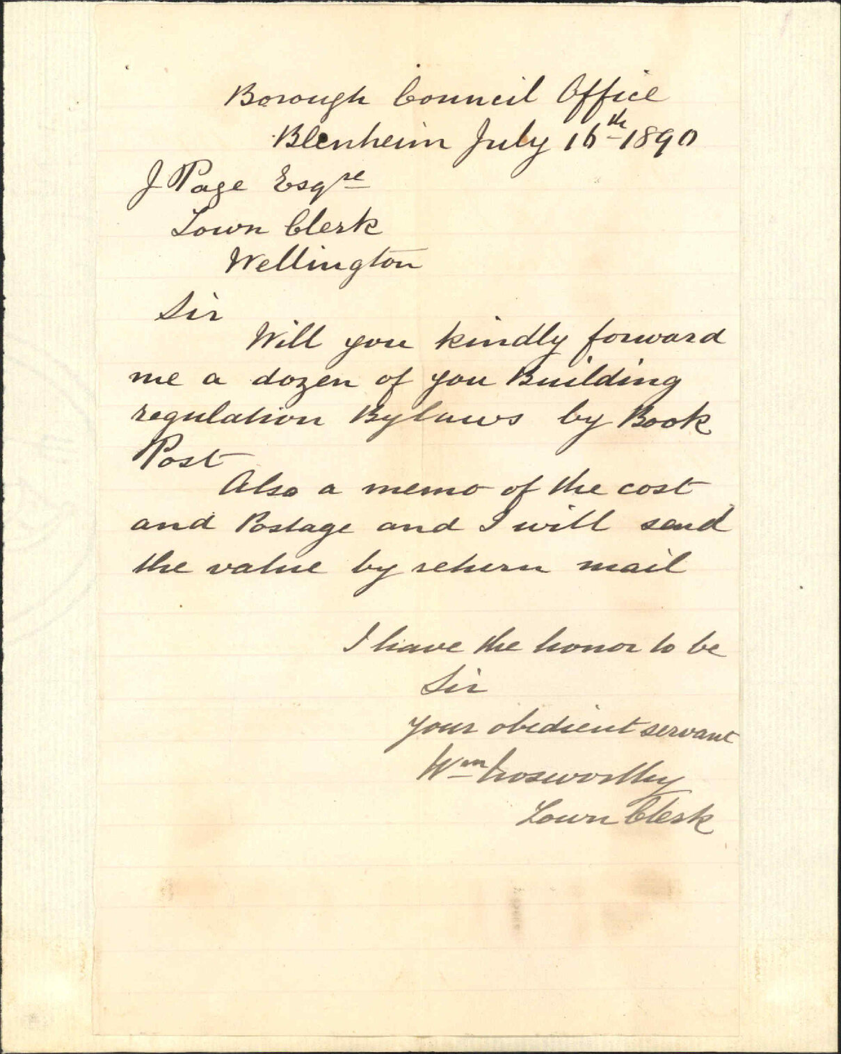 Asking for copies of Building Regulations - Town Clerk, Blenheim
