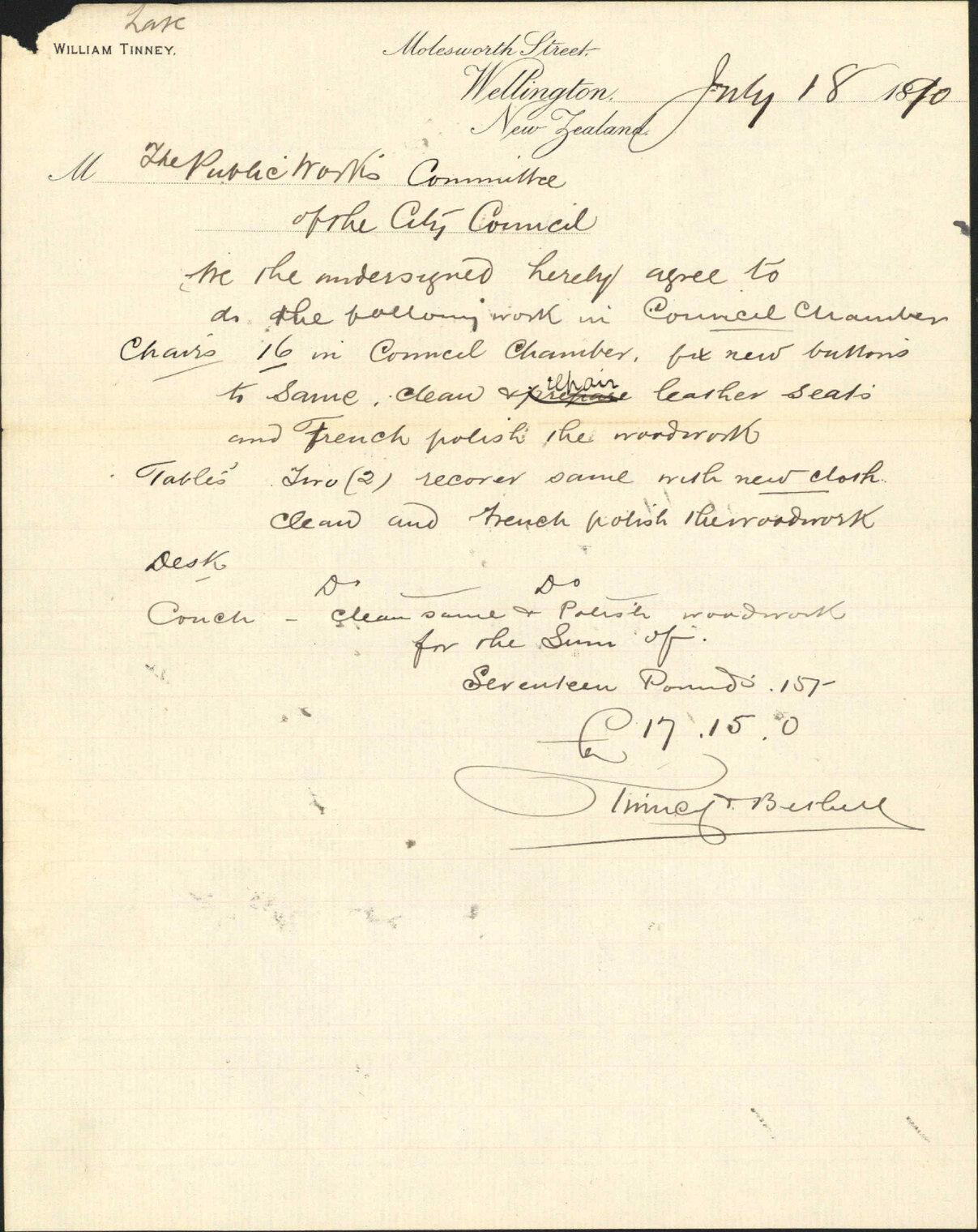 Tender for renovating furniture - Tinney and Bethell