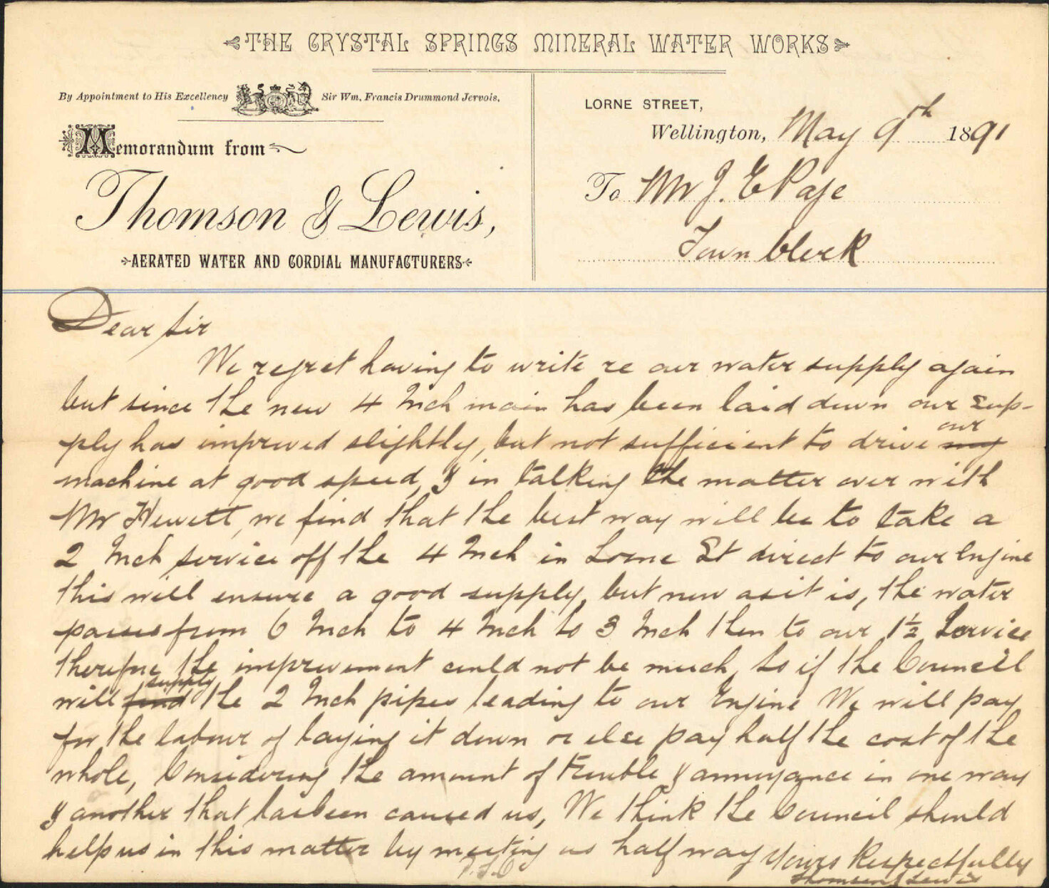 Water supply at their premises - Thomson and Lewis