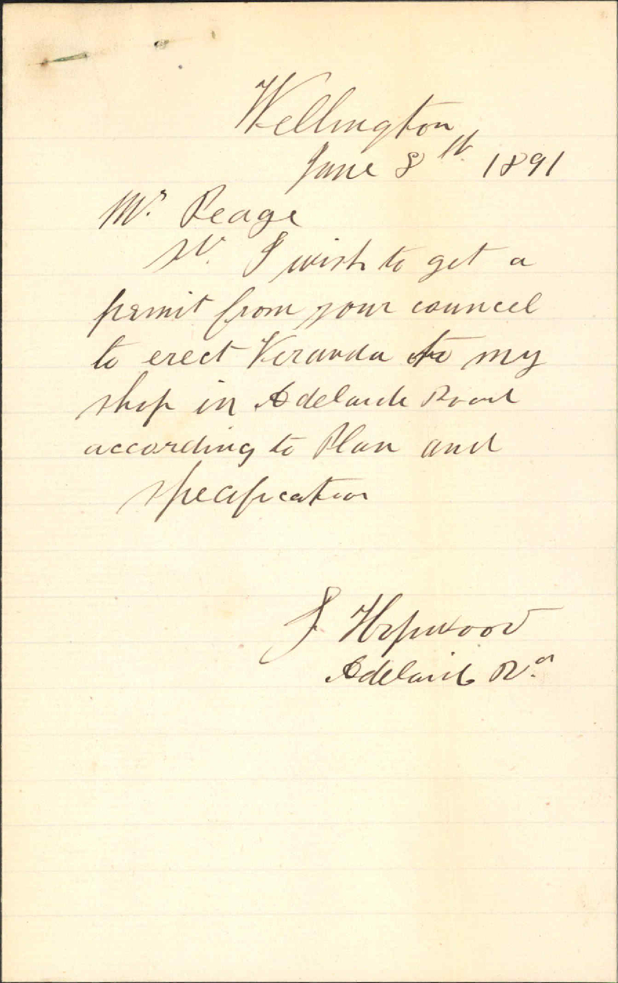 Application for leave to erect verandah - J Hopewood
