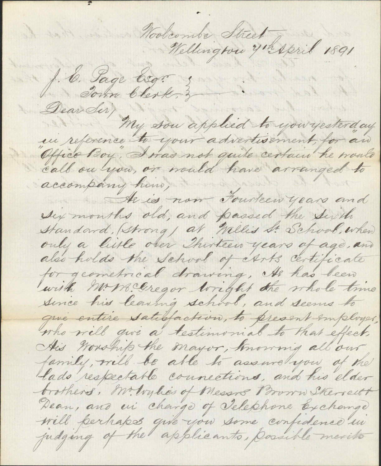 His son's application for office boy position - William Wylie