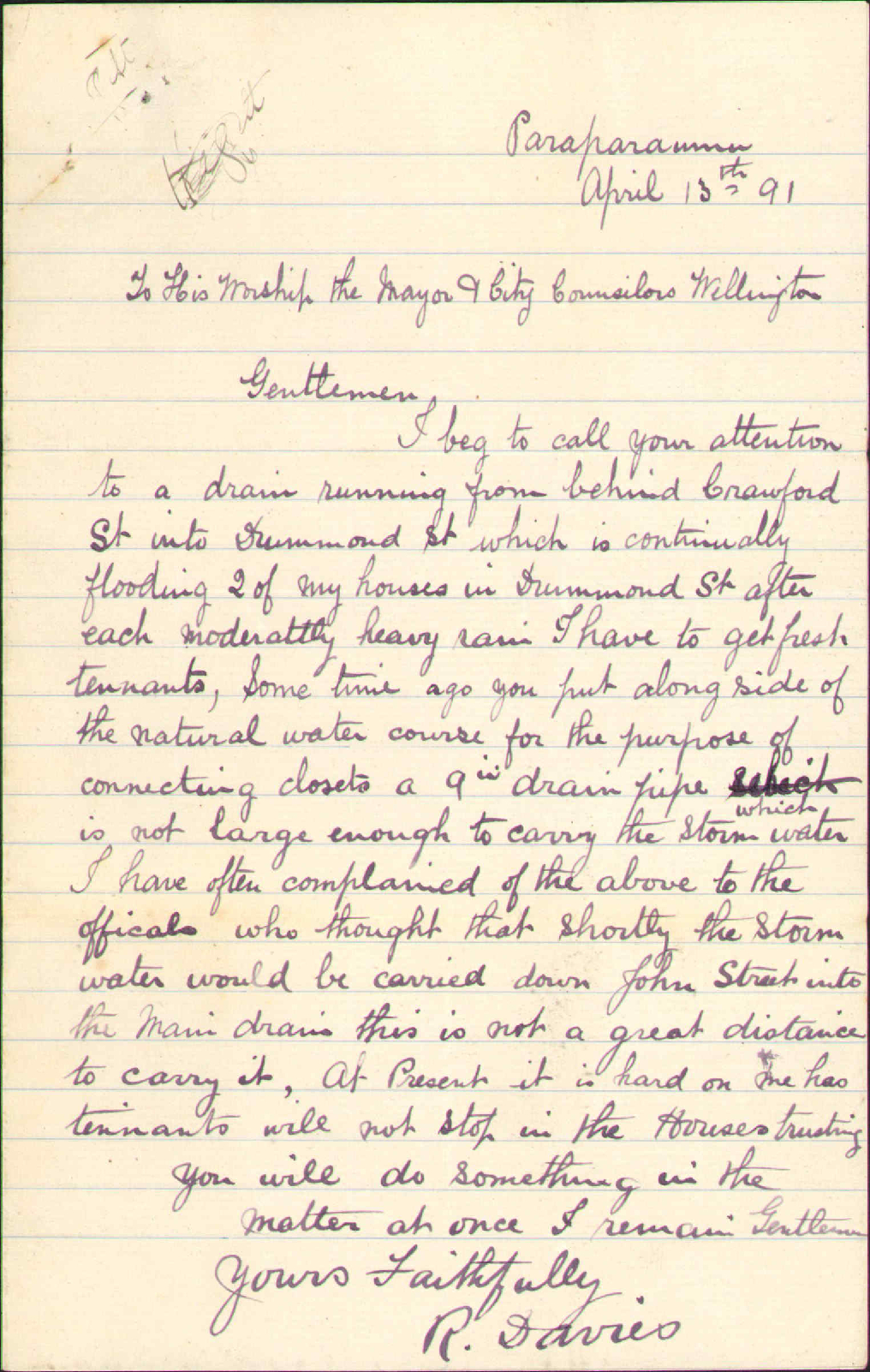 Asking for drainage at Drummond Street - R Davies