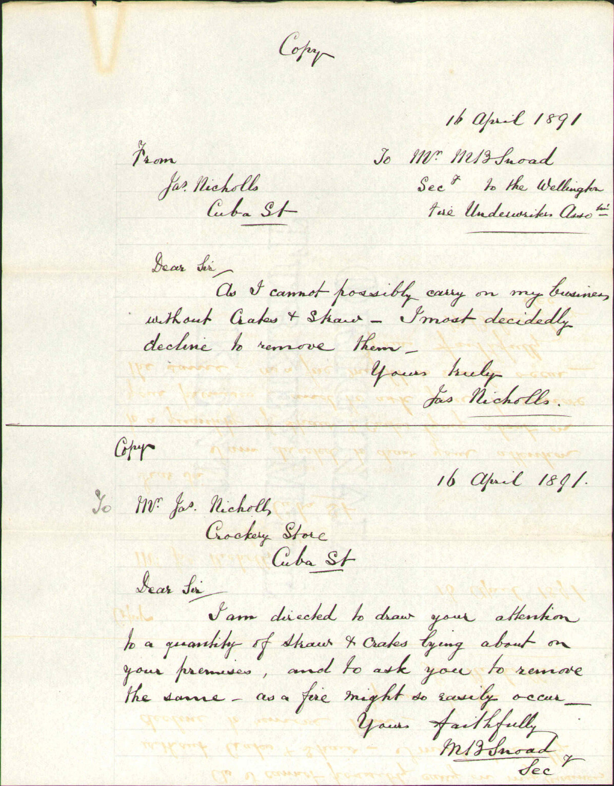 Complaint regarding Mr J Nicholls, Cuba Street - Wellington Fire Underwriters' Association