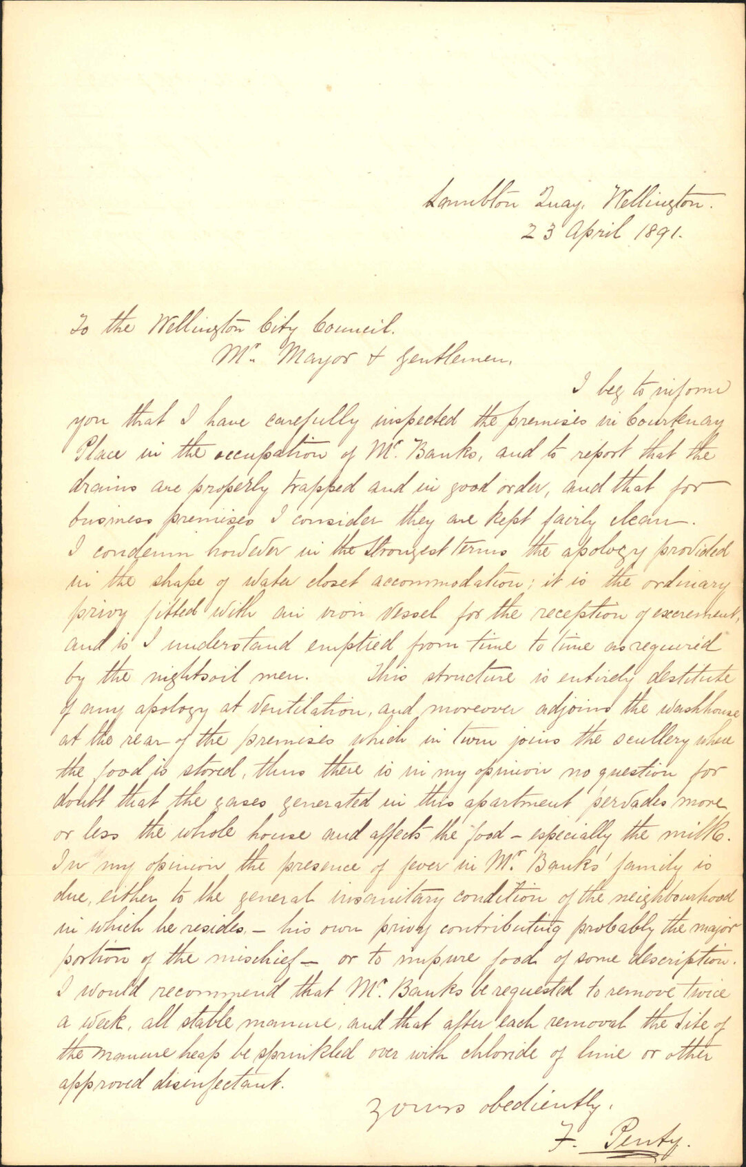Inspector of nuisances in Courtenay Place - F Penty