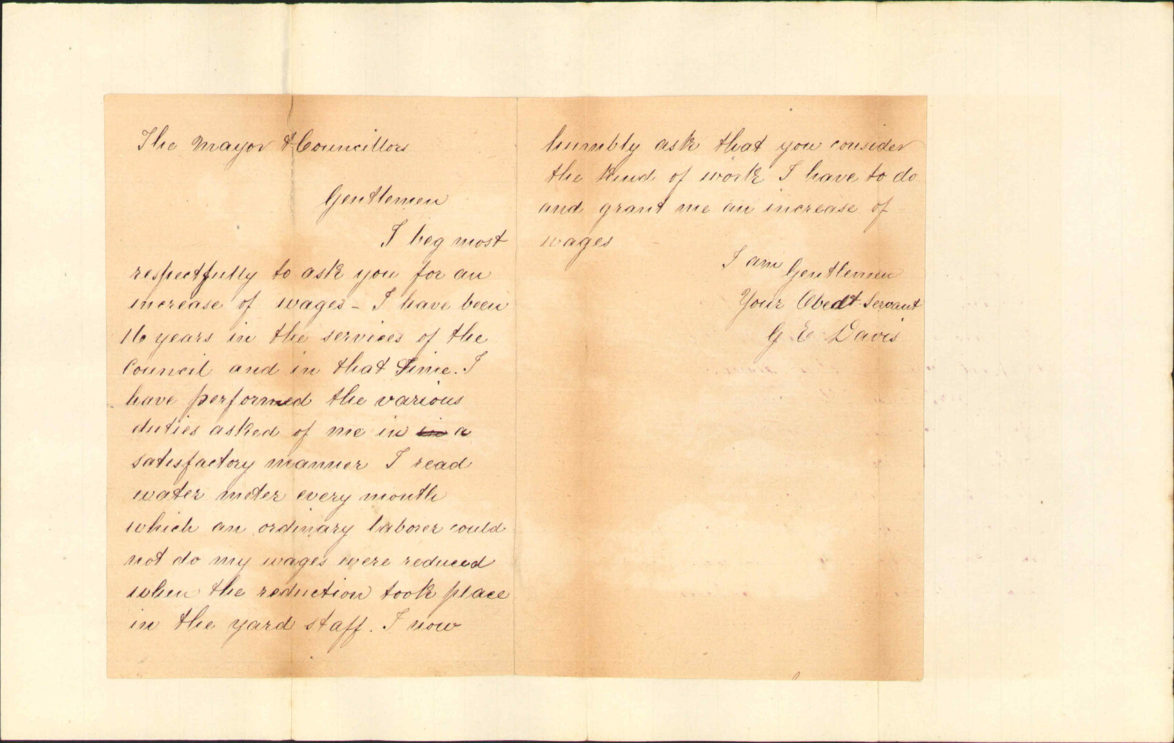 Asking increase of wages - G E Davis