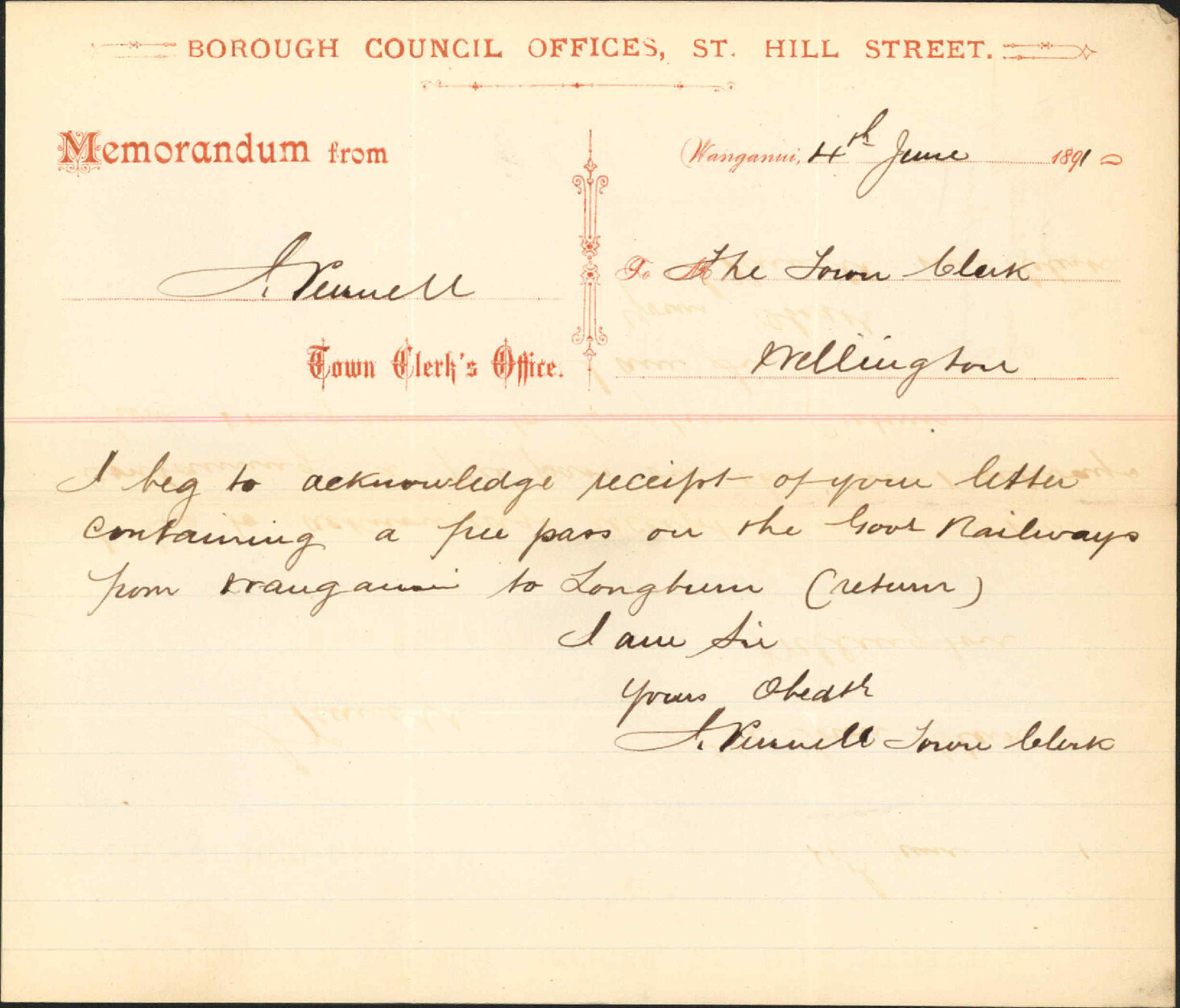Railway pass - Town Clerk, Wanganui