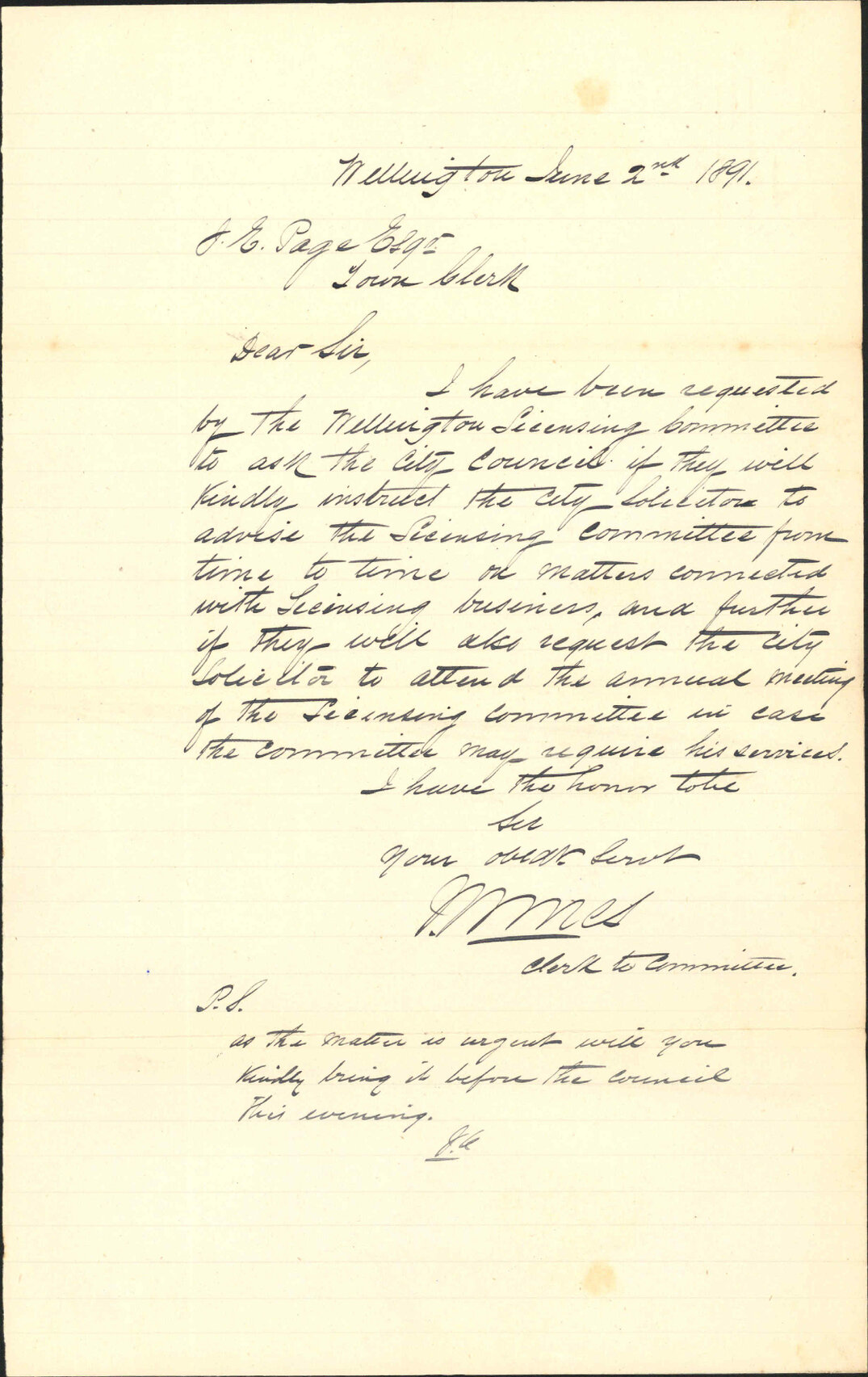 Asking for services of the City Solicitor - Clerk to Licensing Committee