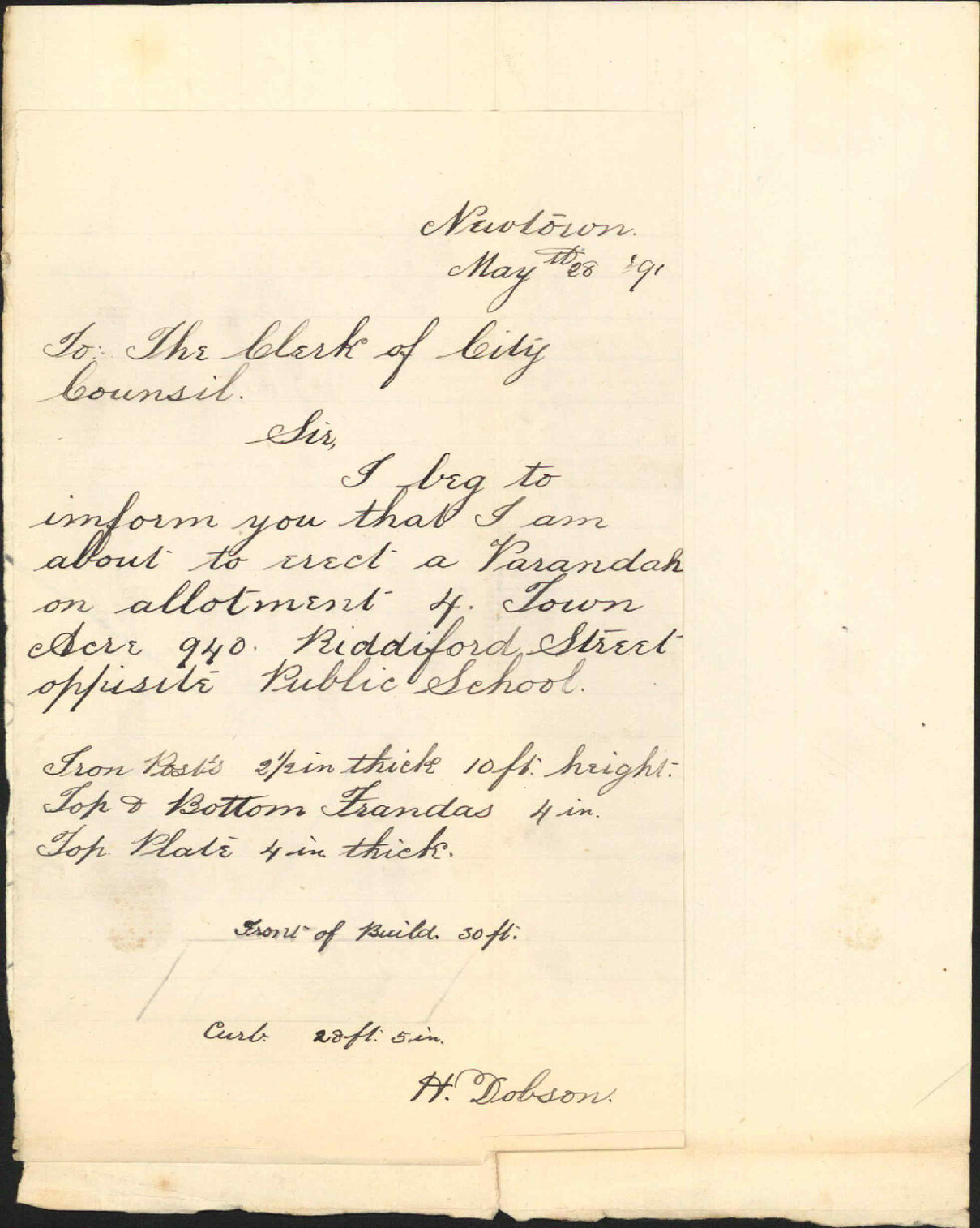 Asking consent to erection of verandah - H Dobson