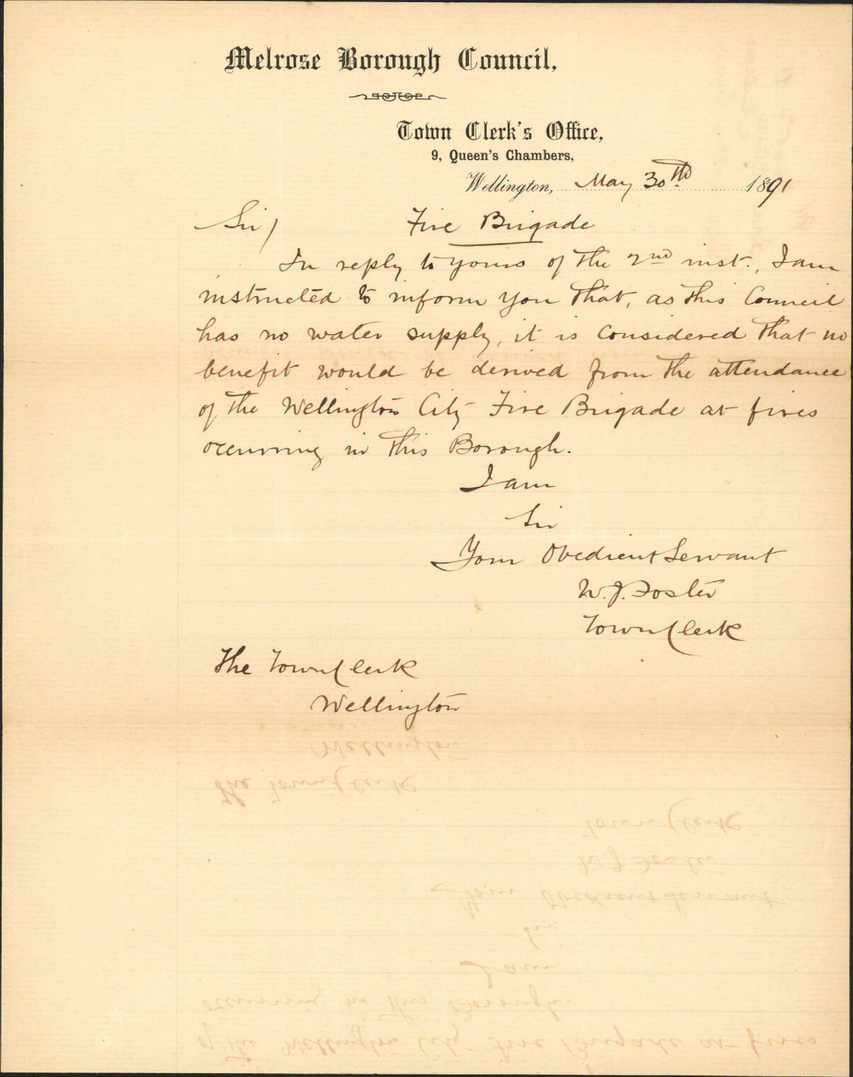 Reply regarding fire brigade - Town Clerk, Melrose