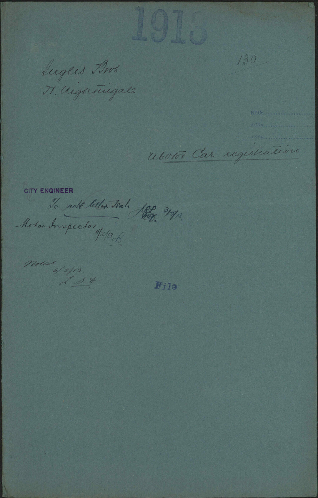 Motor car registration - Inglis Bros; H Nightingale