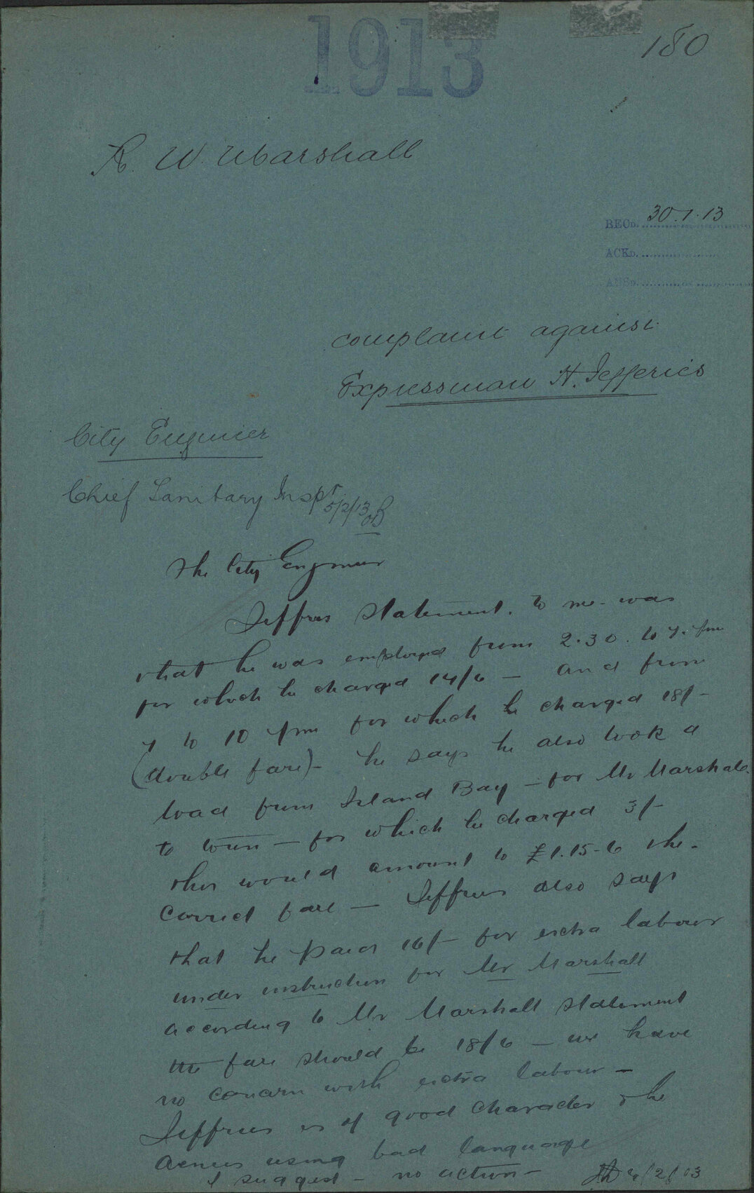 Complaint against Expressman Herbert Jefferies - R W Marshall
