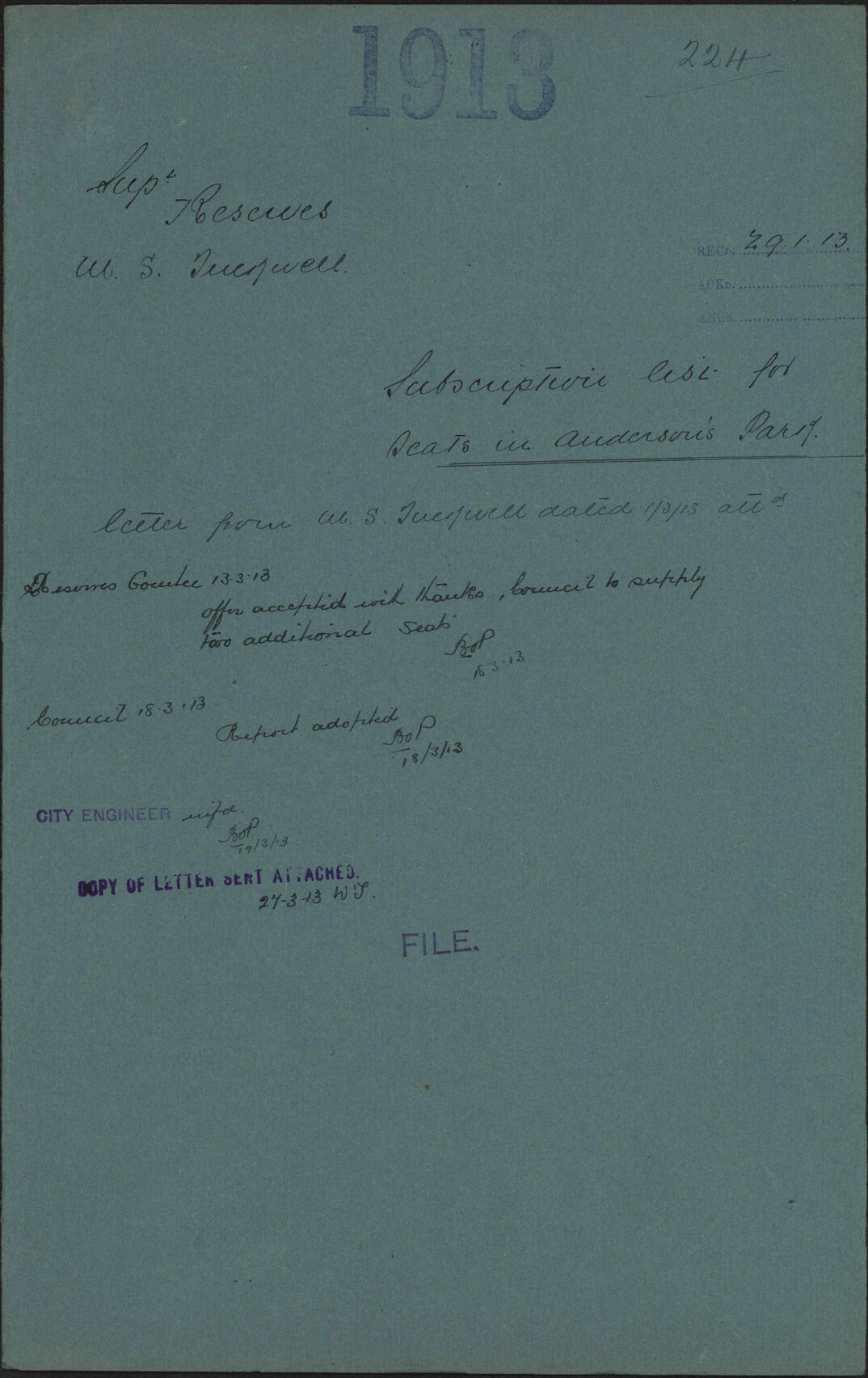 Subscription list for seat in Anderson's Park - Superintendent of Reserves; M S Tuckwell