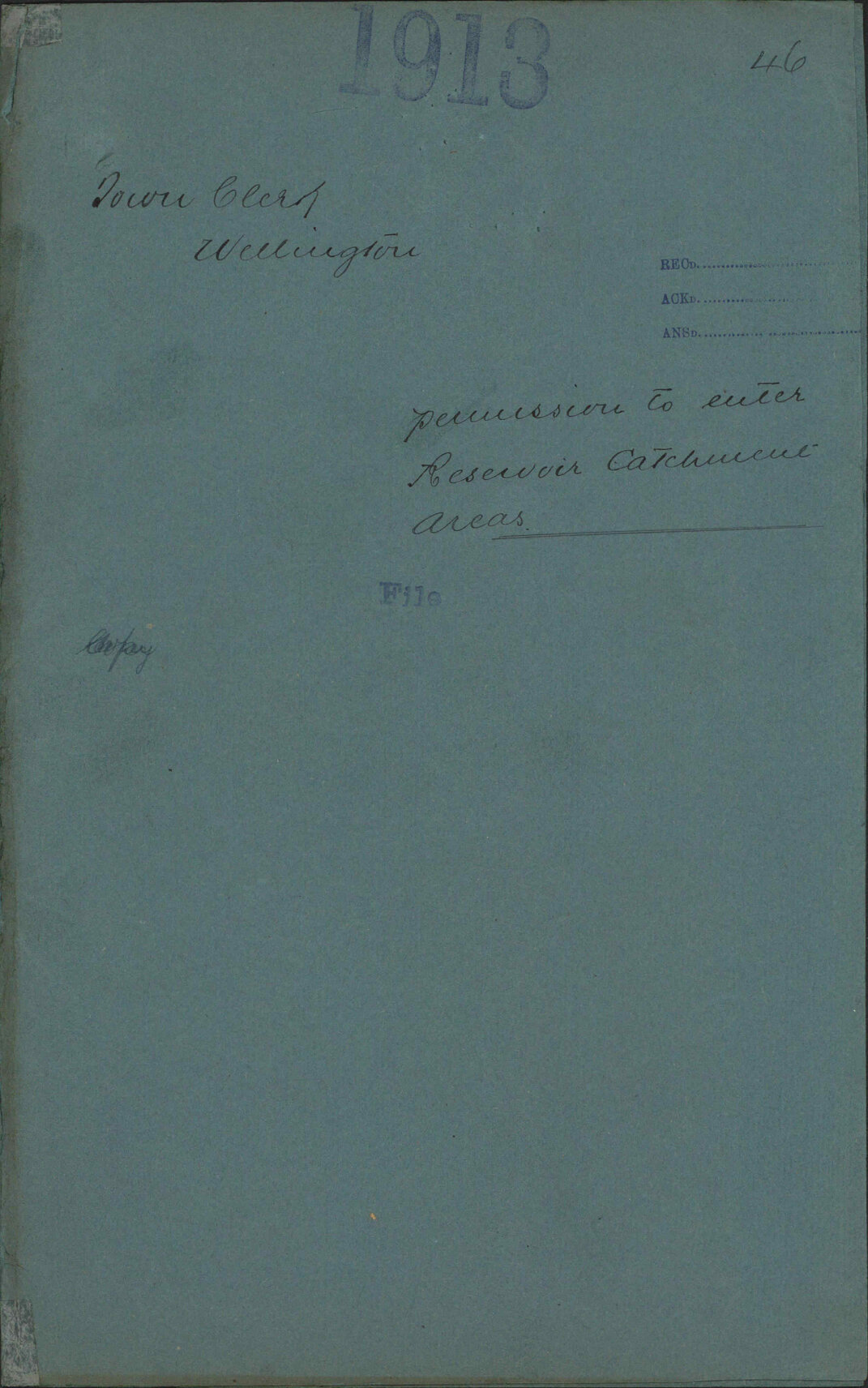 Permission to enter Reservoir Catchment Areas - Town Clerk, Wellington