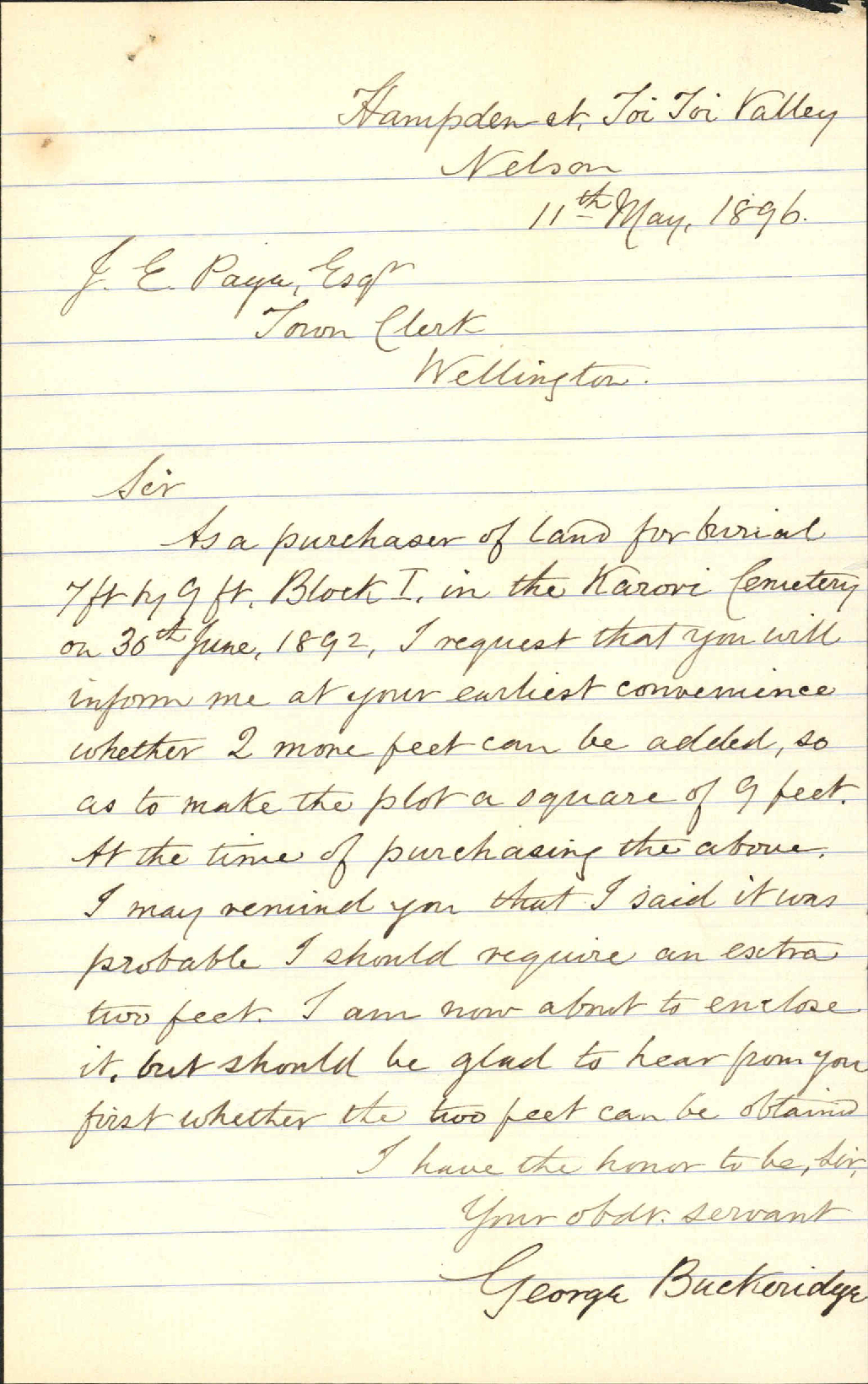 Enquiry regarding land at Cemetery - George Buckeridge (Nelson)