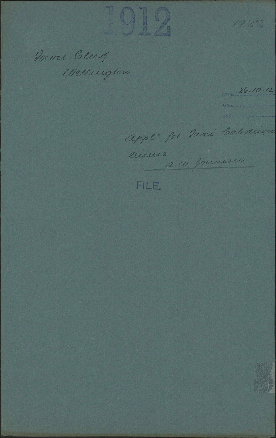 Application for Taxi-Cab driver's license, A W Jonassen - Town Clerk, Wellington