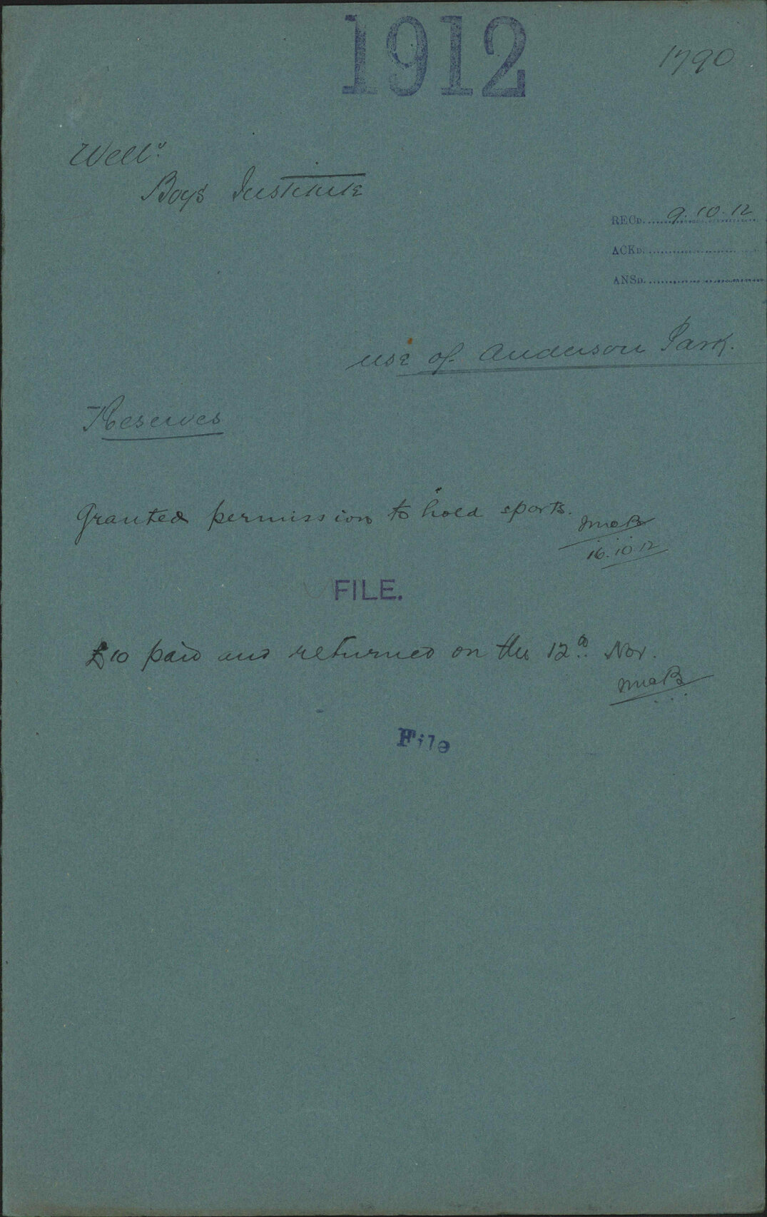 Use of Anderson Park - Wellington Boys Institute