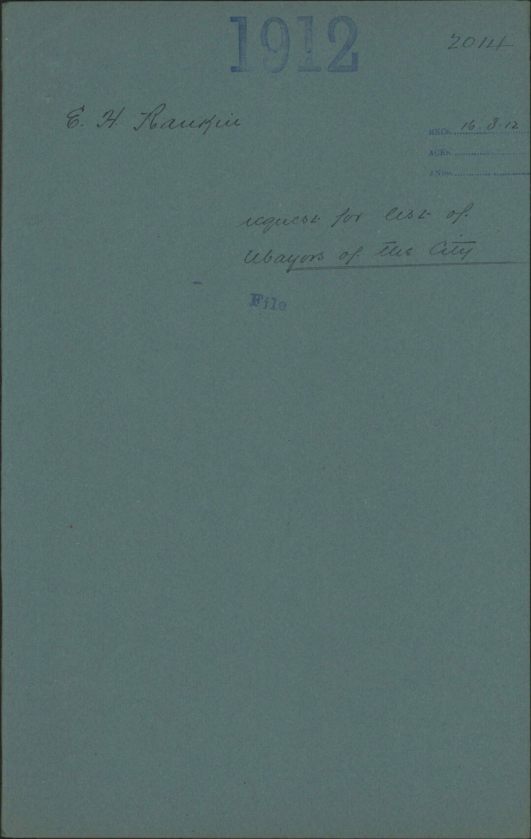 Request for list of Mayors of the City - E H Rankin