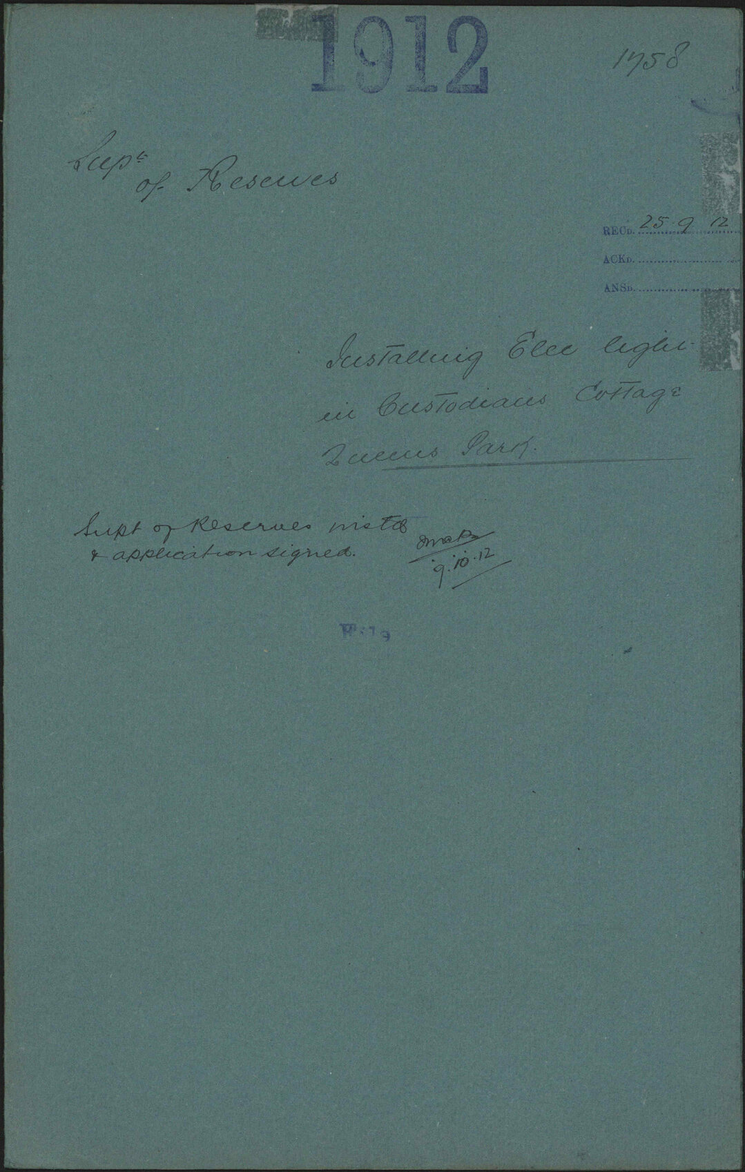 Installing electric light in Custodian's cottage, Queens Park - Superintendent of Reserves