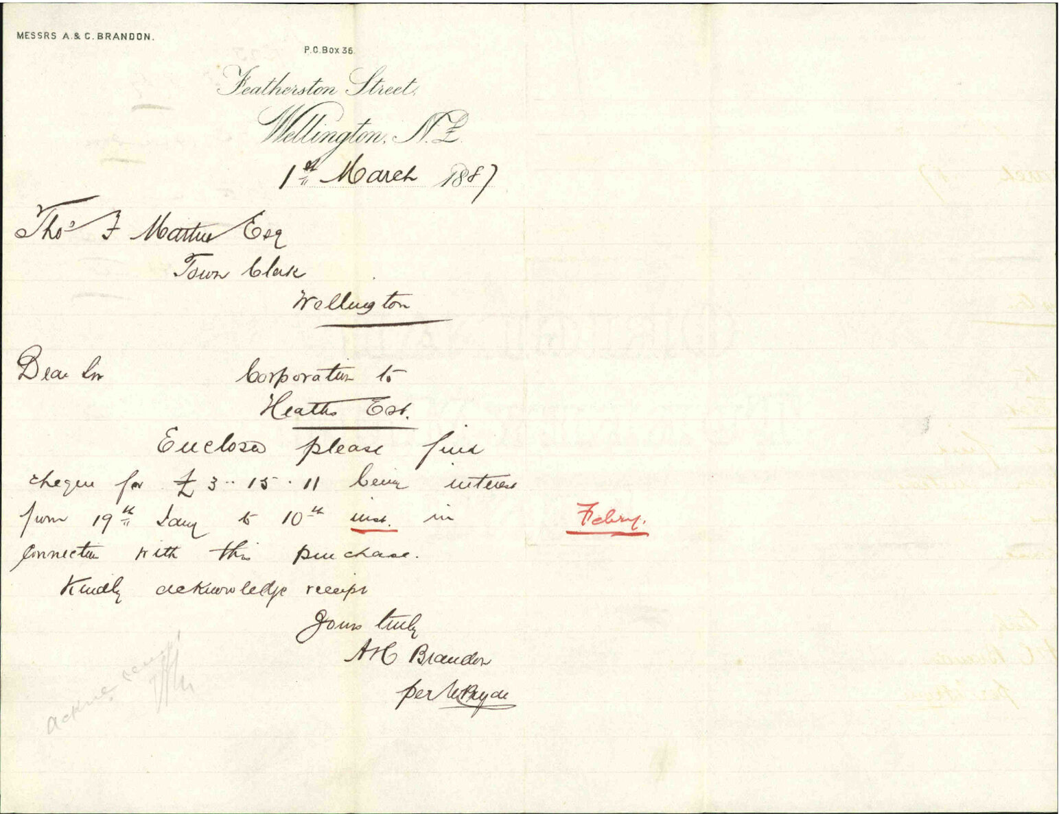 With cheque for interest, Heaths Estate - A and C Brandon