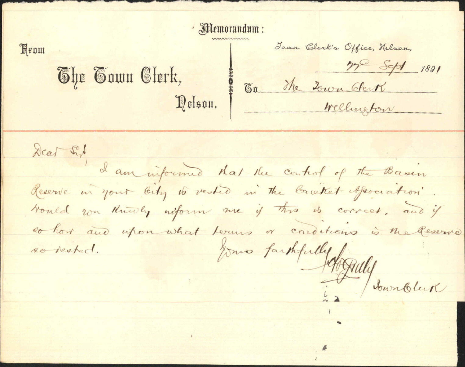 Enquiry regarding Basin Reserve - Town Clerk, Nelson