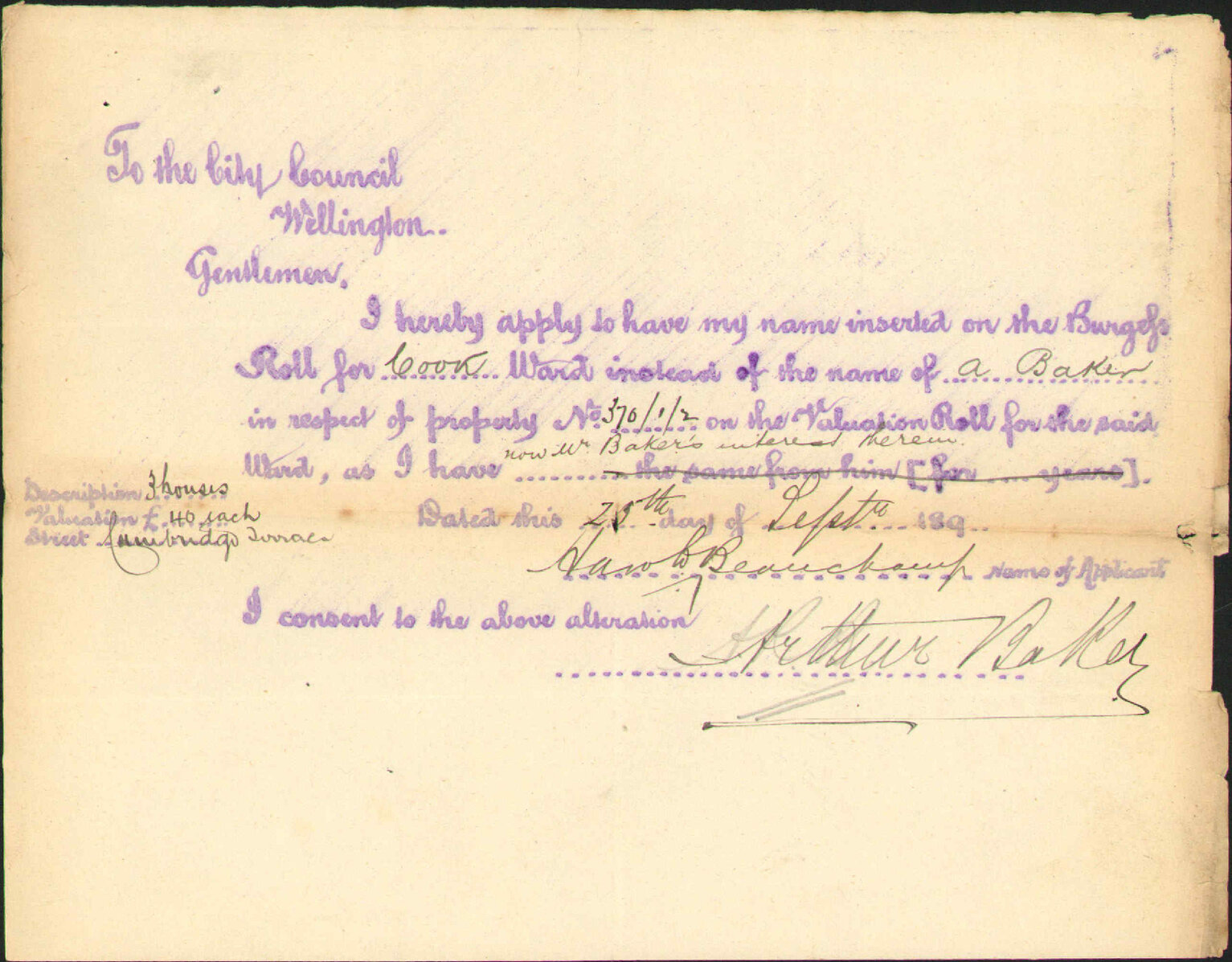 Application to be placed on Burgess Roll - H Beauchamp