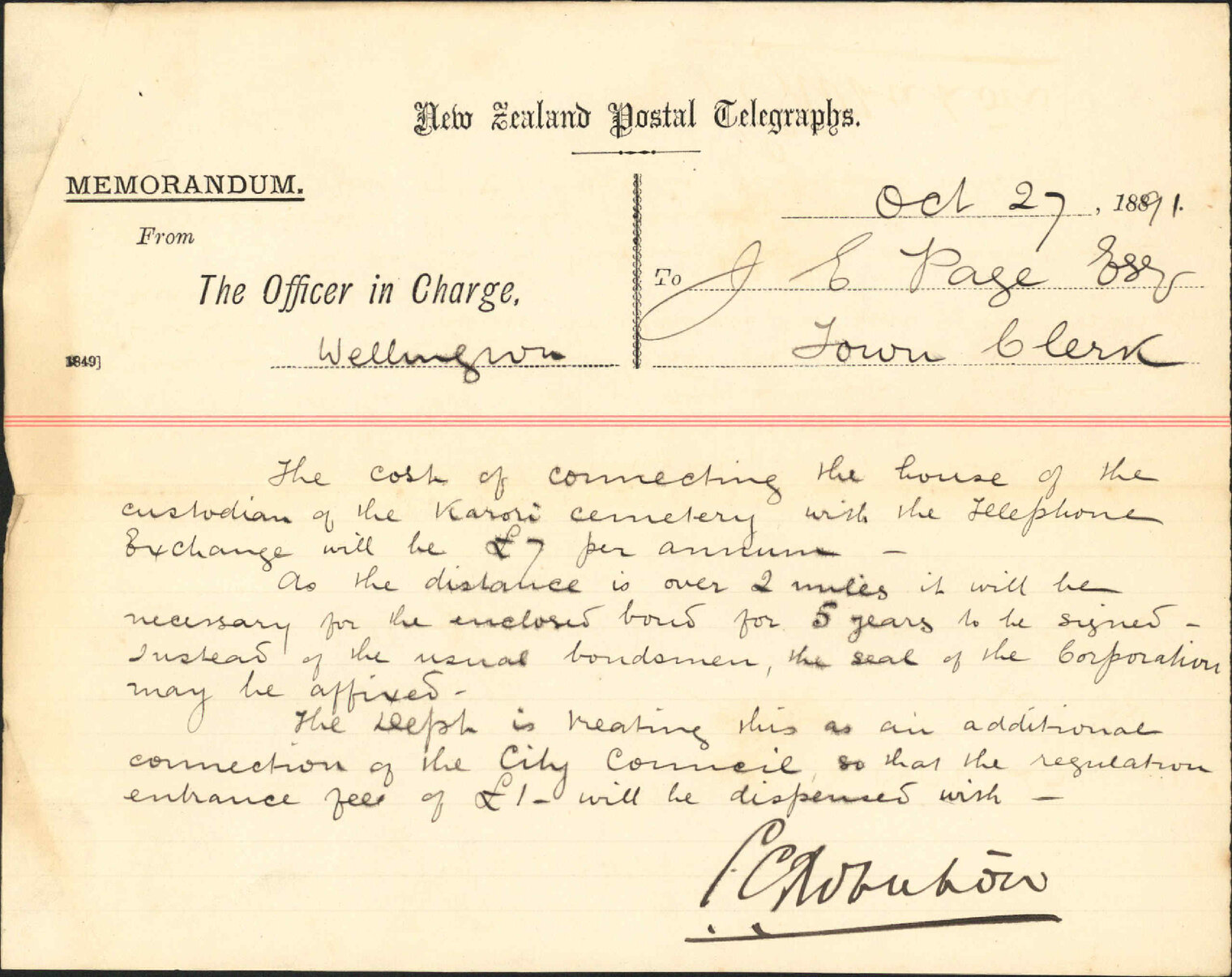 Telephone to Karori - Telegraph Department
