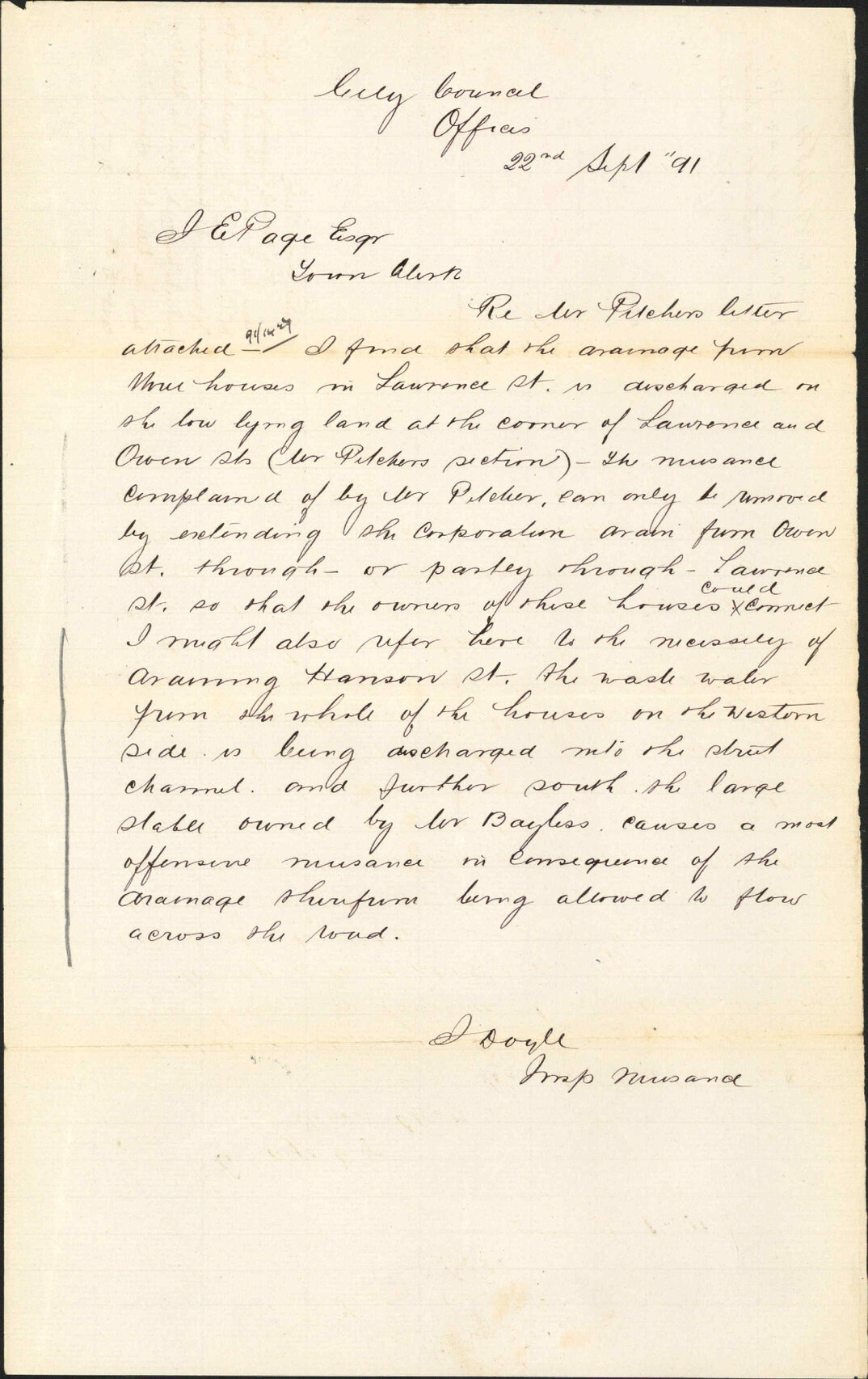 Drainage in Lawrence Street and Hanson Street - Inspector of Nuisances