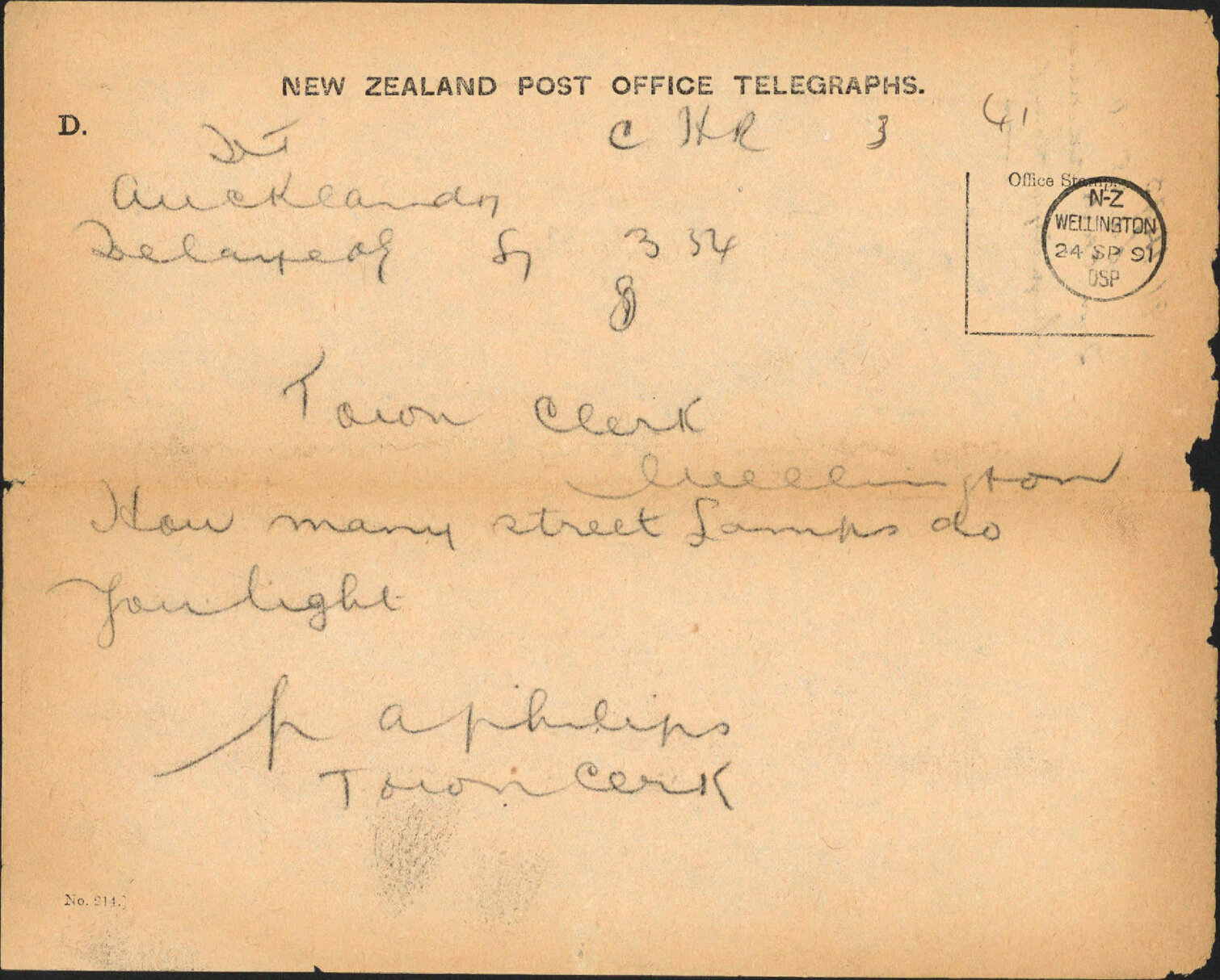Enquiry regarding lamps - Town Clerk, Auckland