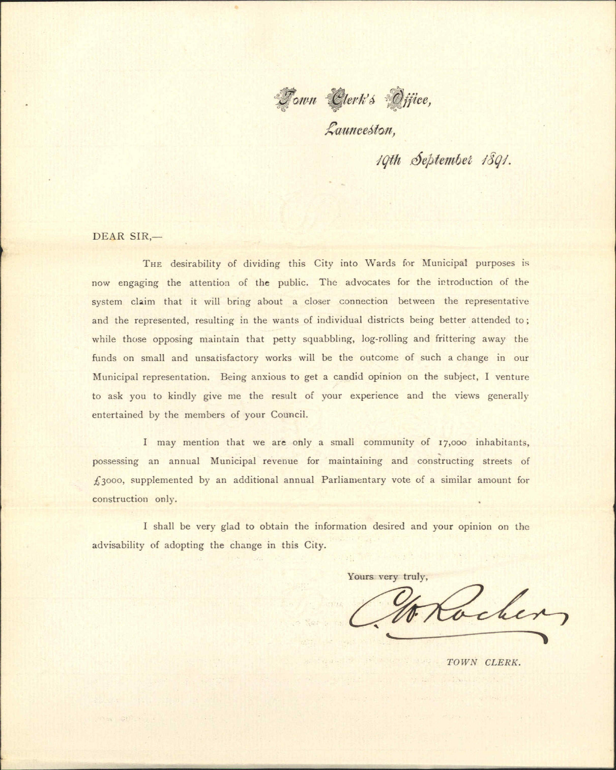 Enquiry regarding wards of borough - Town Clerk, Launceston