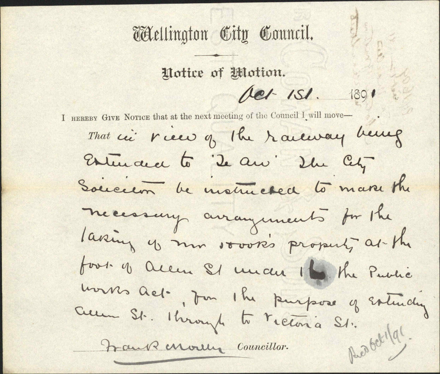 Notice of motion regarding Allen Street - Councillor Moeller