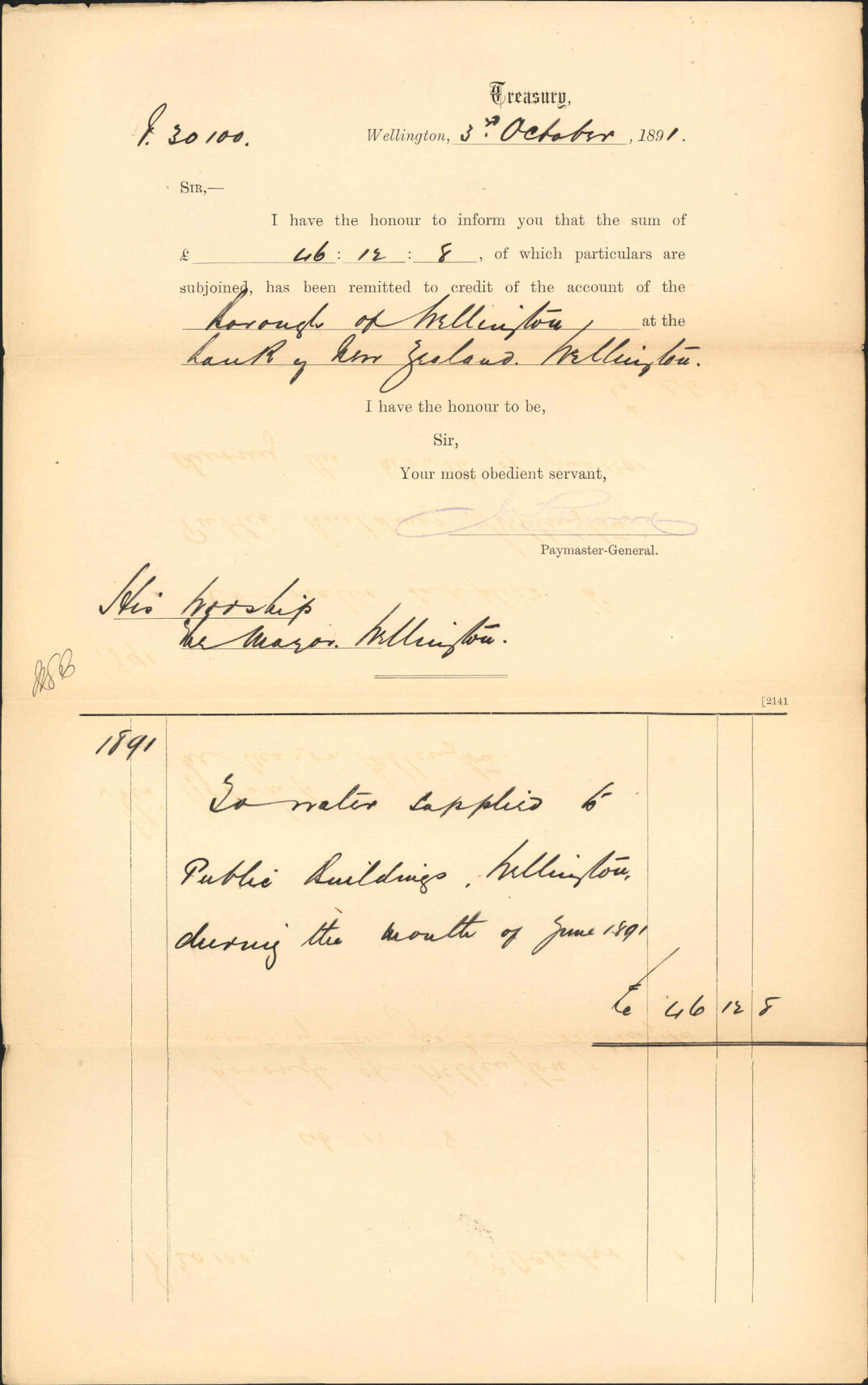 Advising payment of water account - Treasury