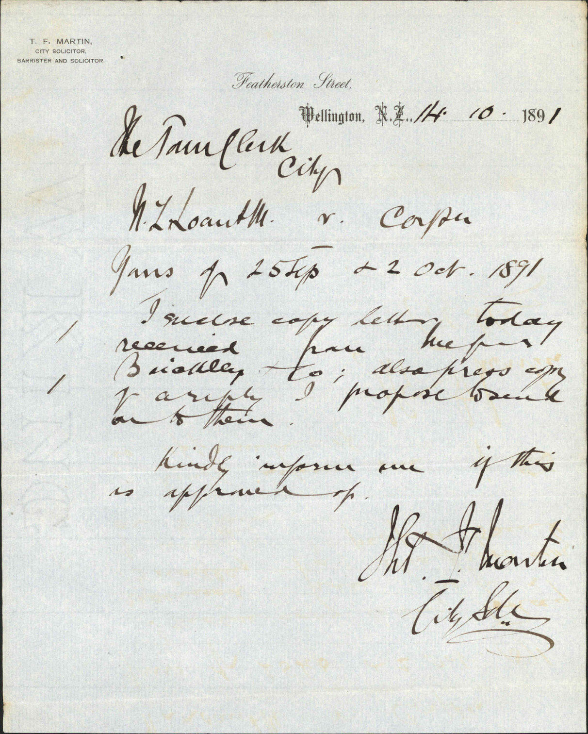 New Zealand Loan and Mercantile Agency Company matters - City Solicitor