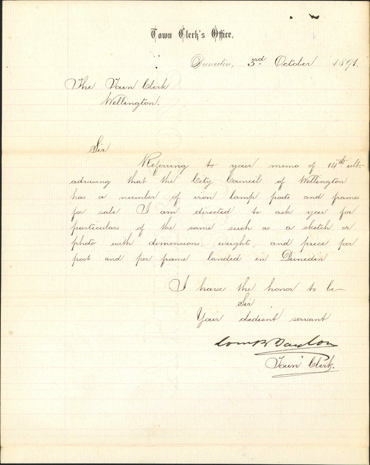 Enquiry regarding price of lamp posts - Town Clerk, Dunedin