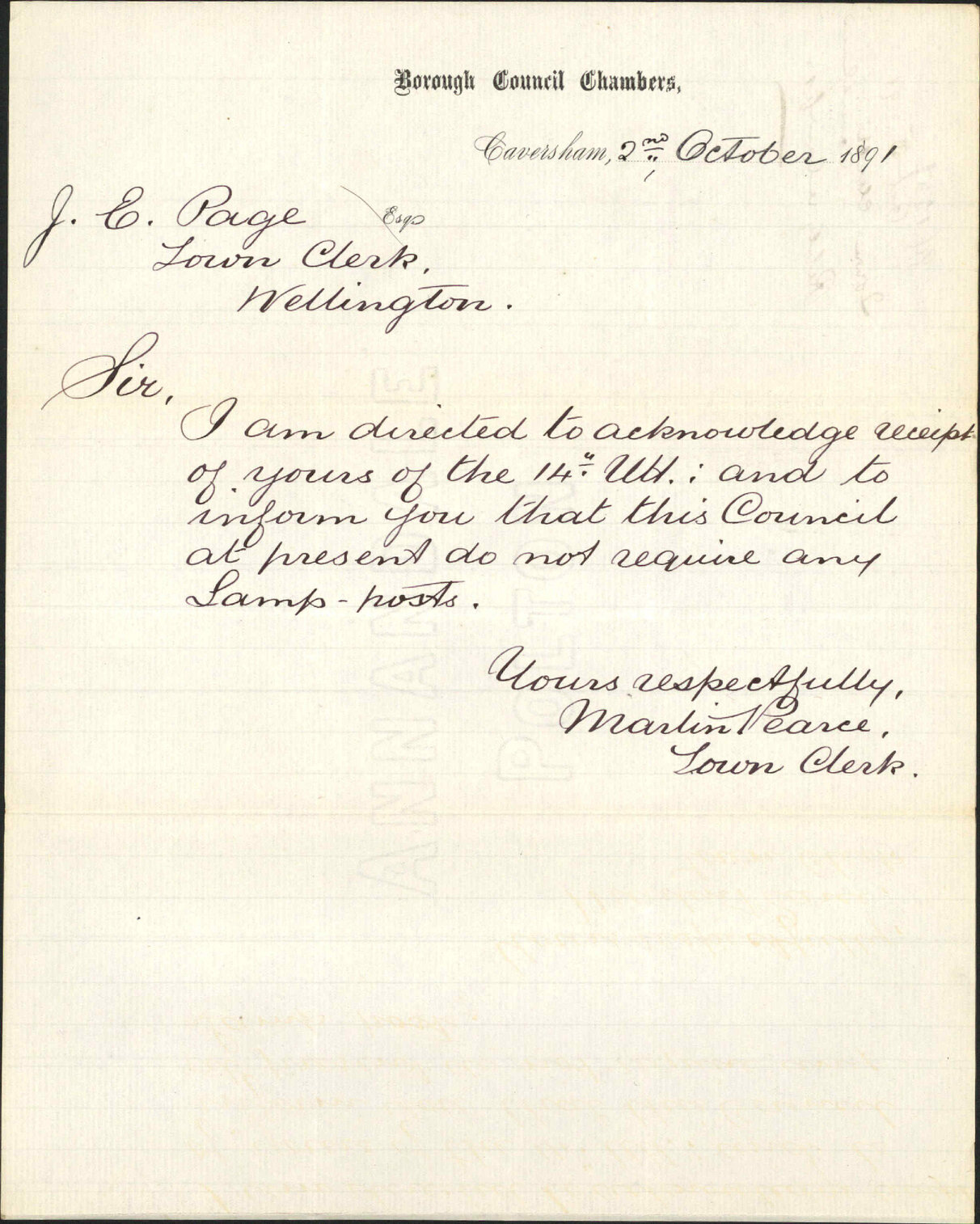 Reply regarding lamp posts - Town Clerk, Caversham