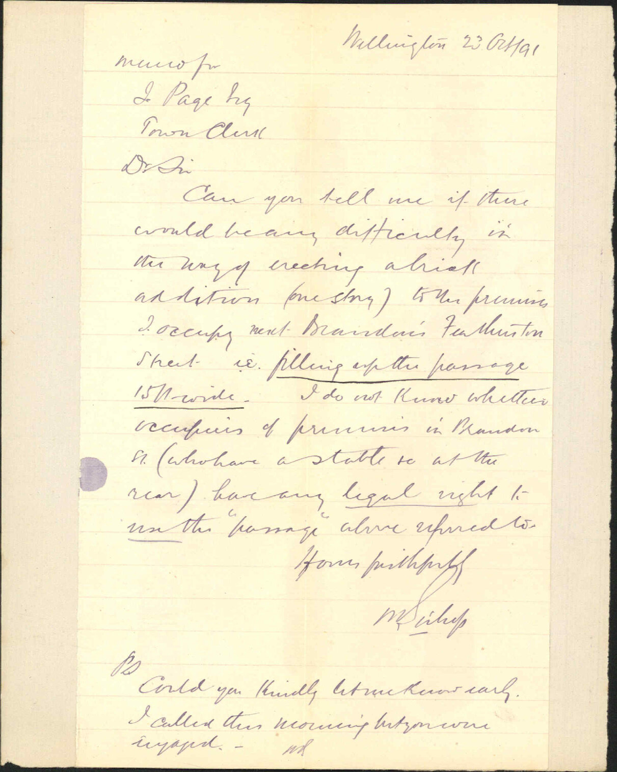 Enquiry regarding building in Featherston Street - W Bishop