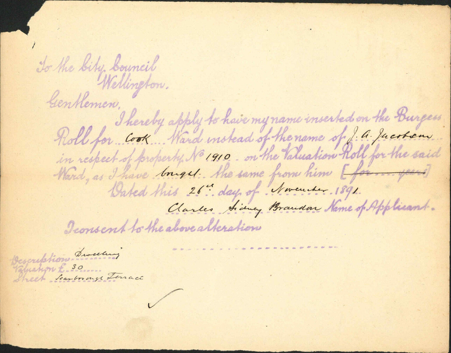 Asking to be placed on Burgess Roll - C S Brandon