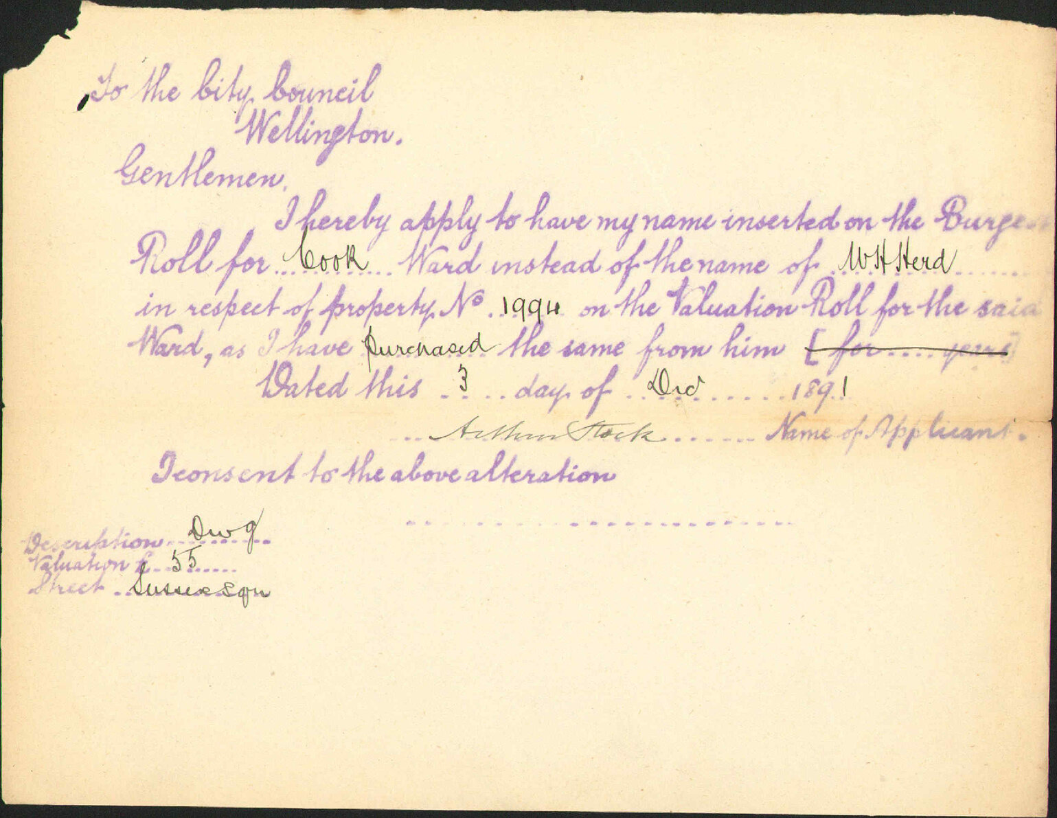 Application to be placed on Burgess Roll - Archdeacon Stock
