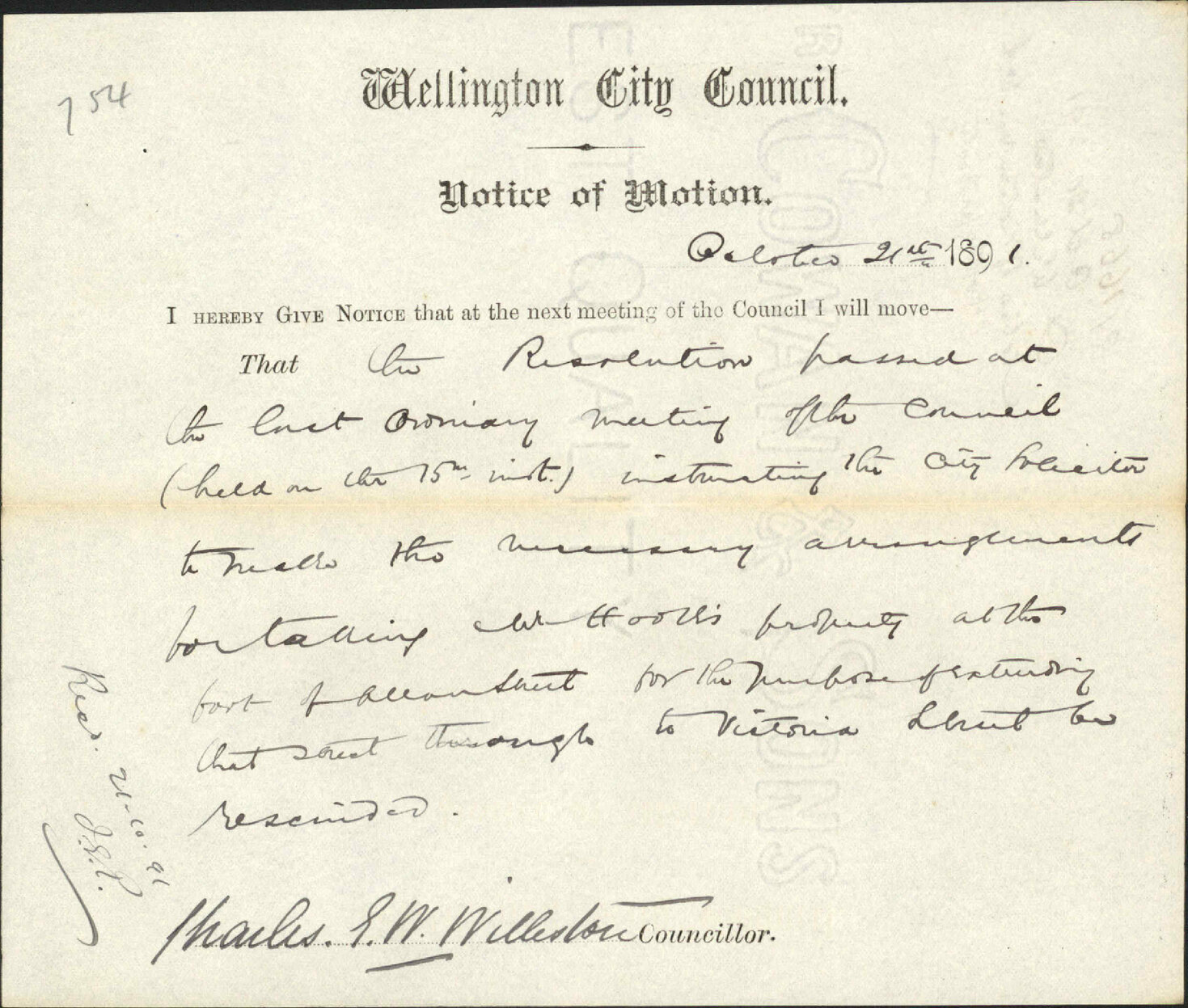 Notice of motion regarding L Hook's property - Councillor Willeston