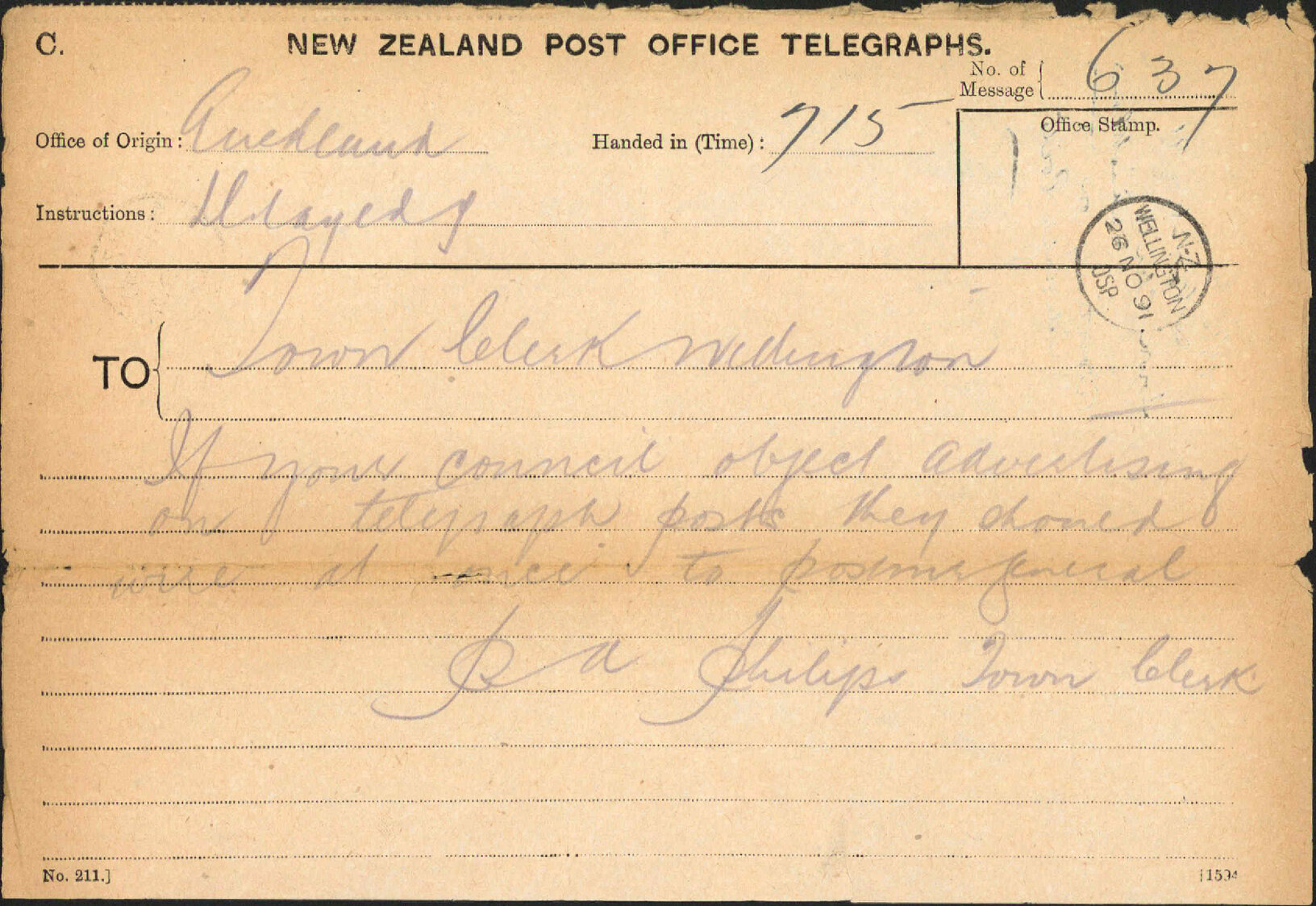 Advertising on telegraph posts - Town Clerk, Auckland