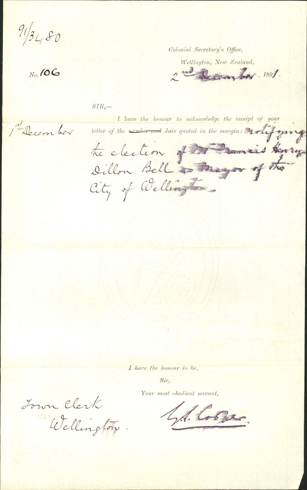 Acknowledging receipt of notification of election of mayor - Colonial Secretary