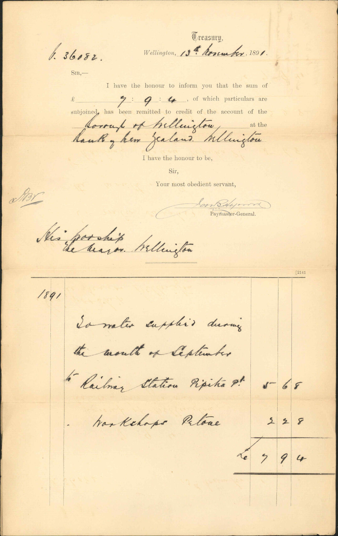 Advising payment of water account - Treasury