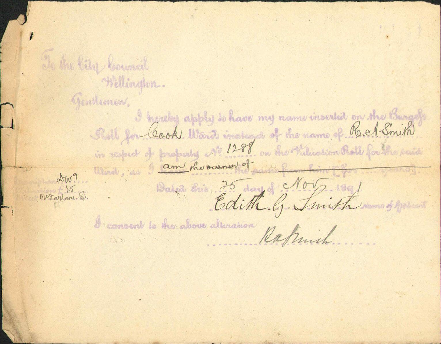 Application to be placed on Burgess Roll - Edith G Smith