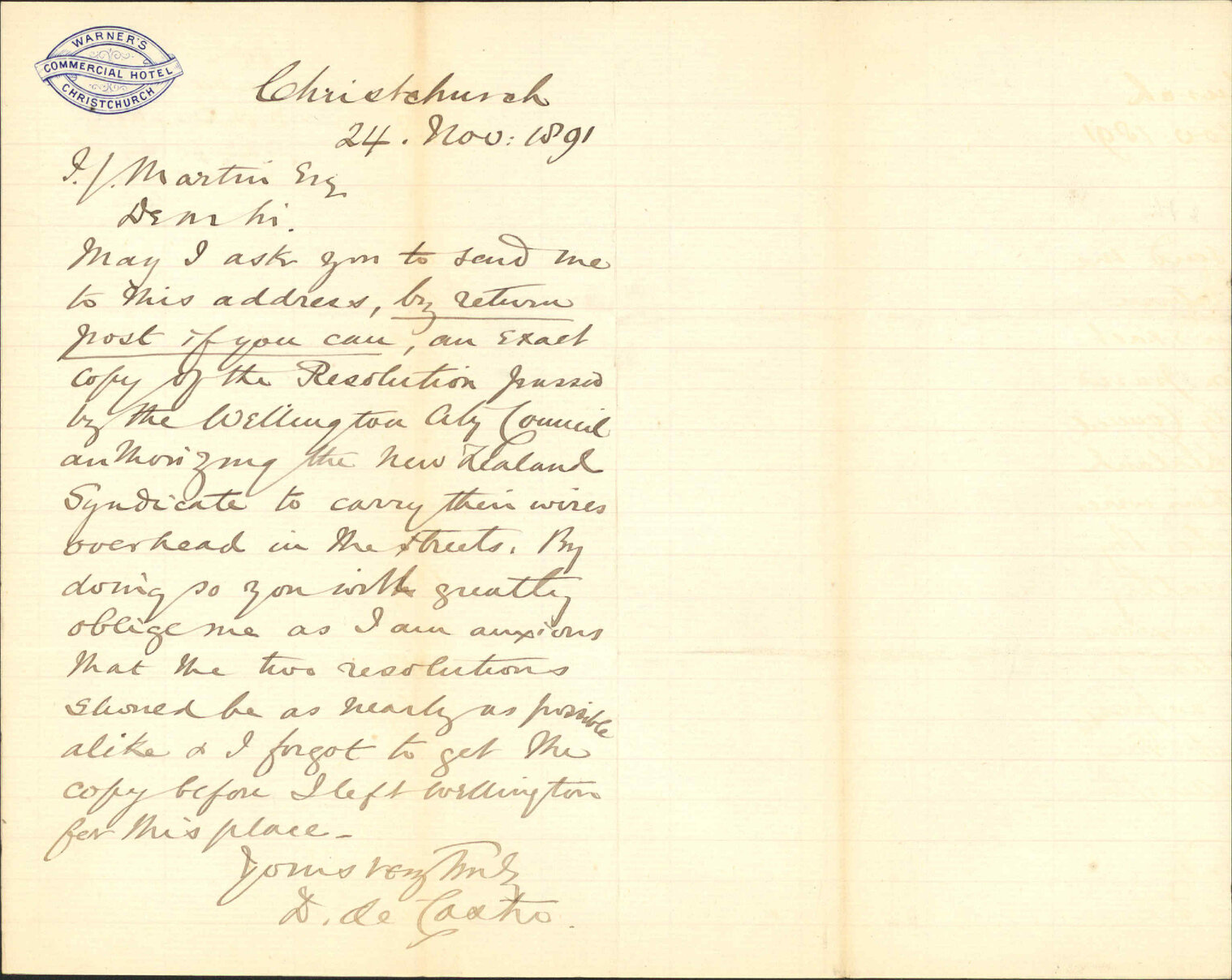 Asking for copy of resolution regarding overhead wires