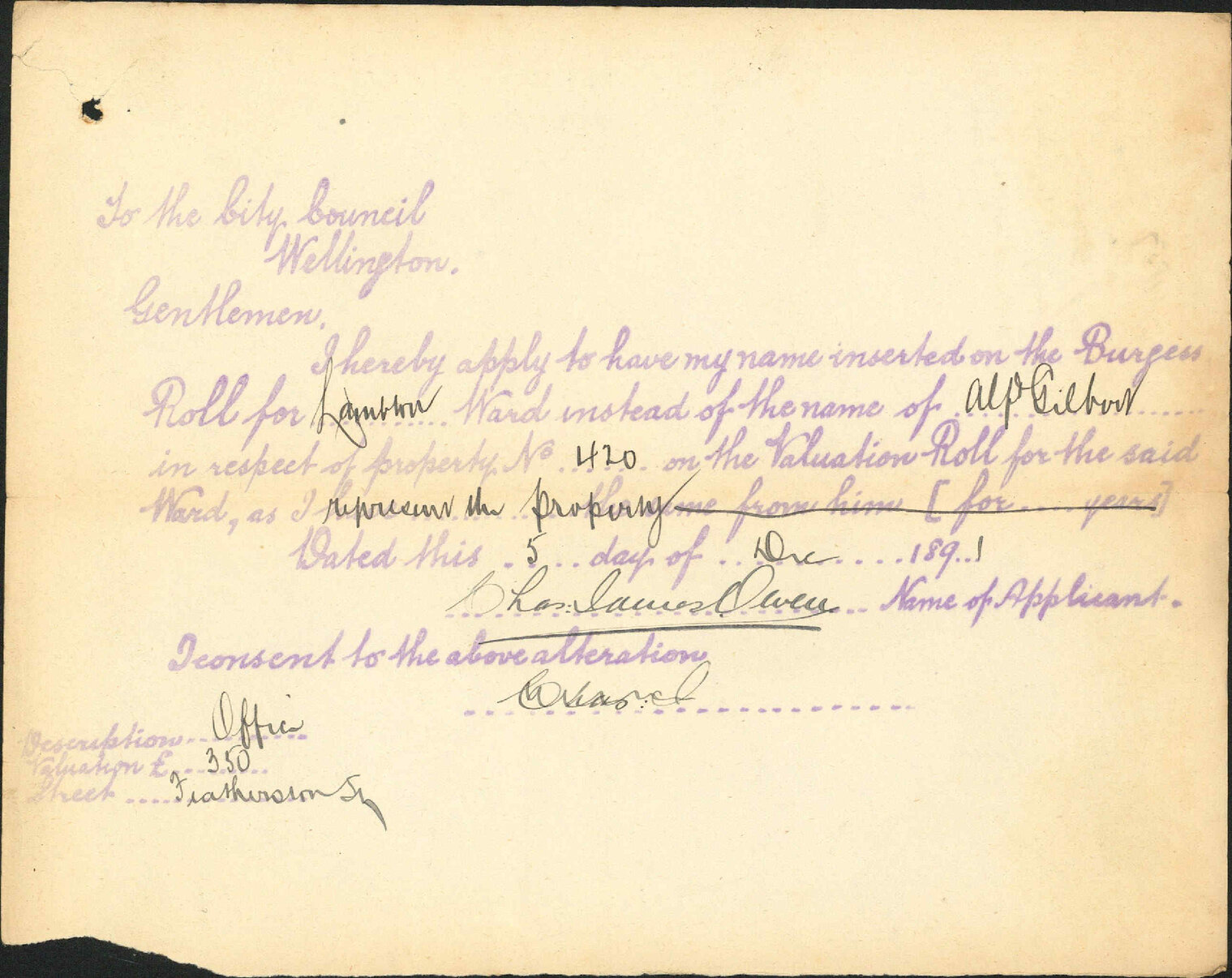 Asking to be placed on Burgess Roll - C J Owen