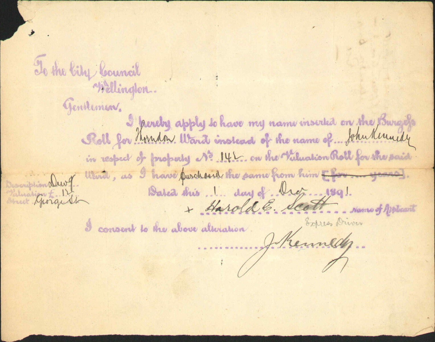 Application to be placed on Burgess Roll - Harold E Scott