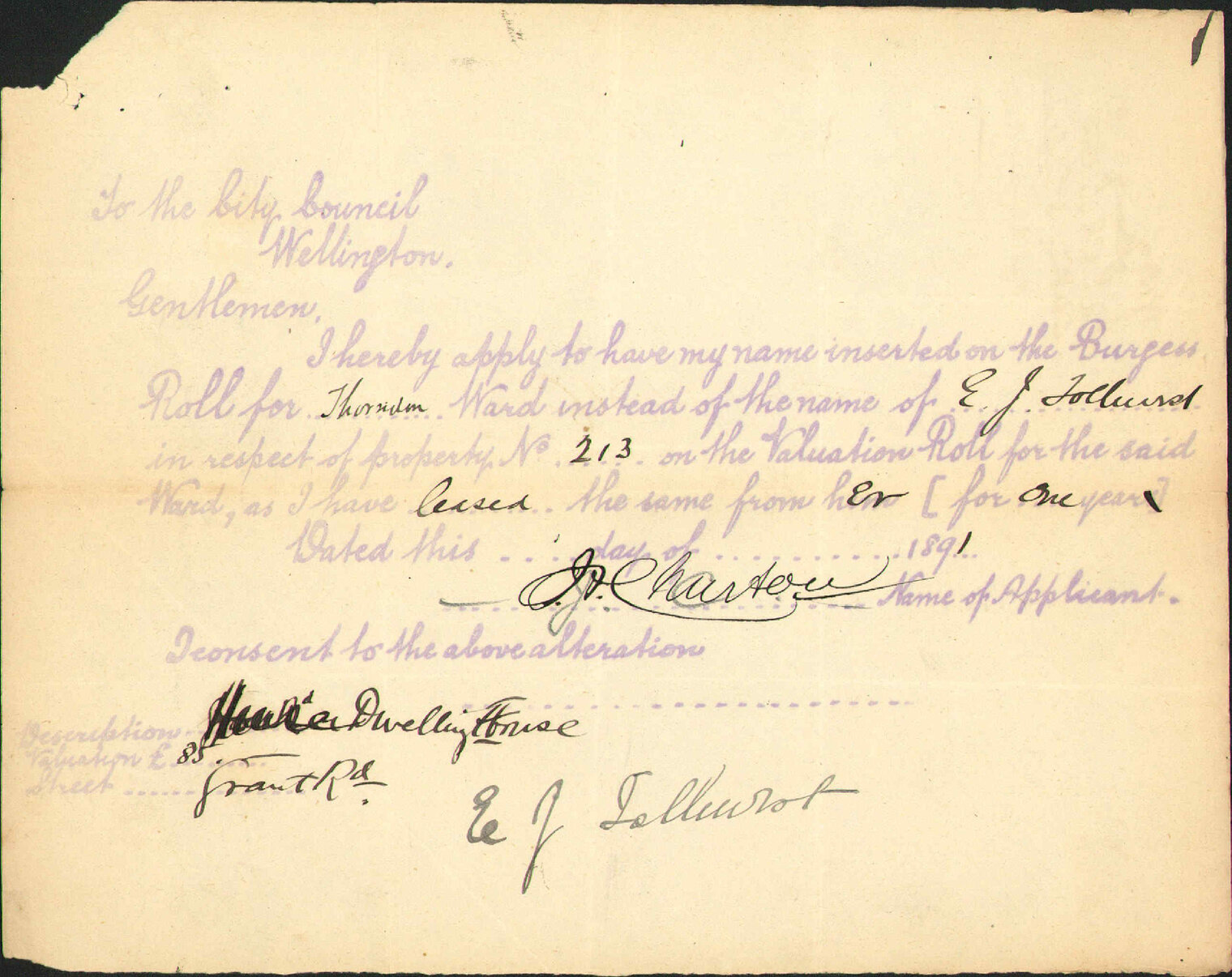 Asking to be placed on Burgess Roll - J A Churton