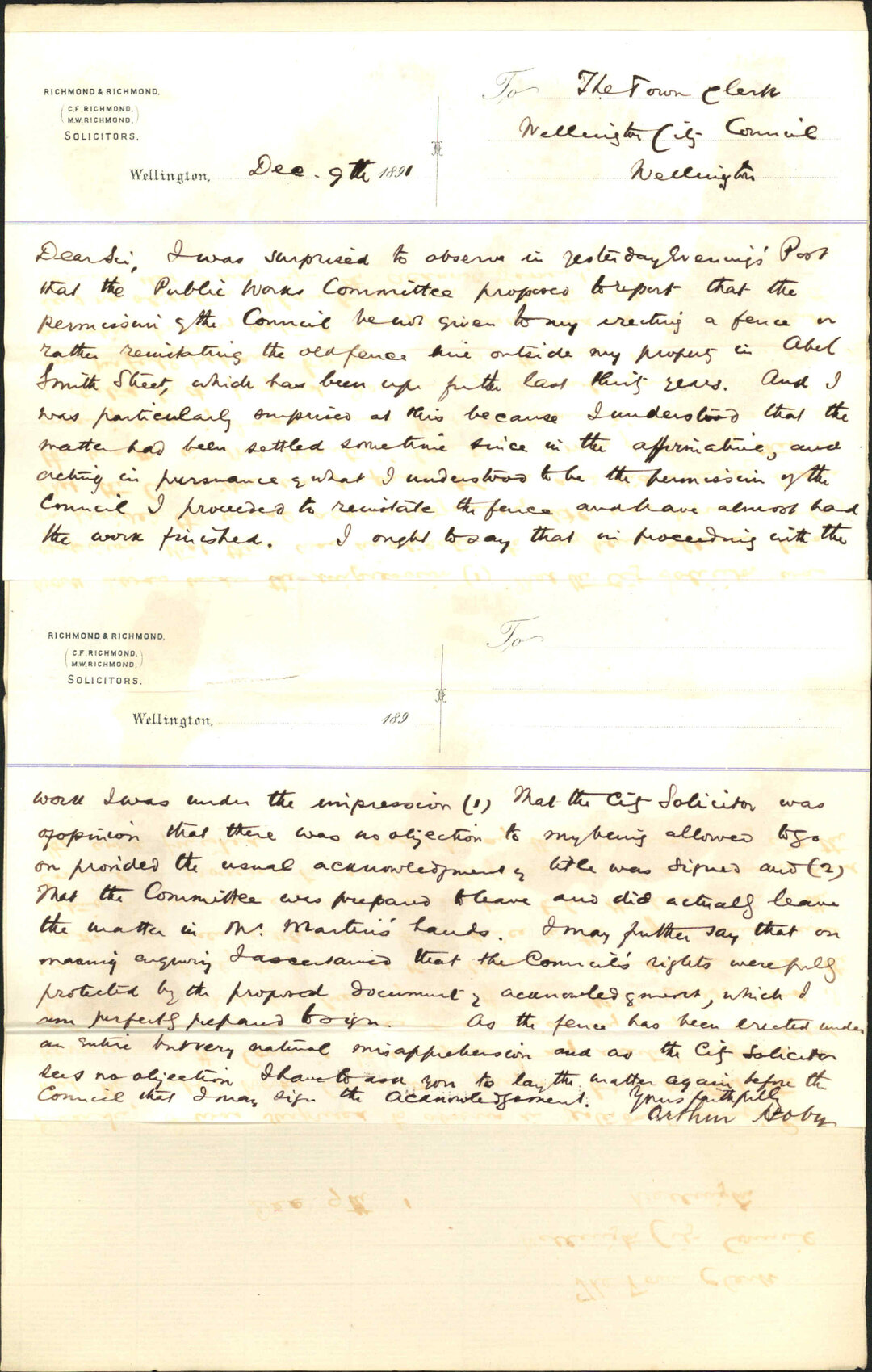 Further regarding fence in Abel Smith Street - Arthur Hoby