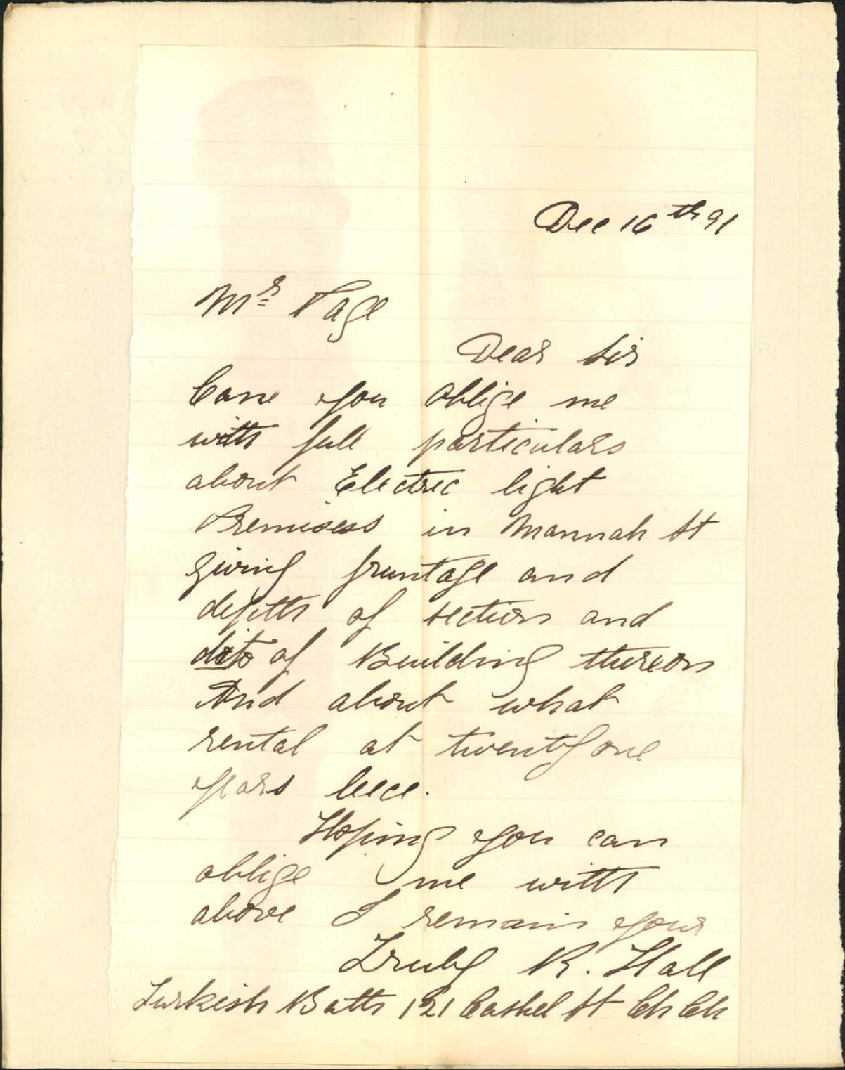Asking particulars regarding building in Manners Street - R Hall, Christchurch
