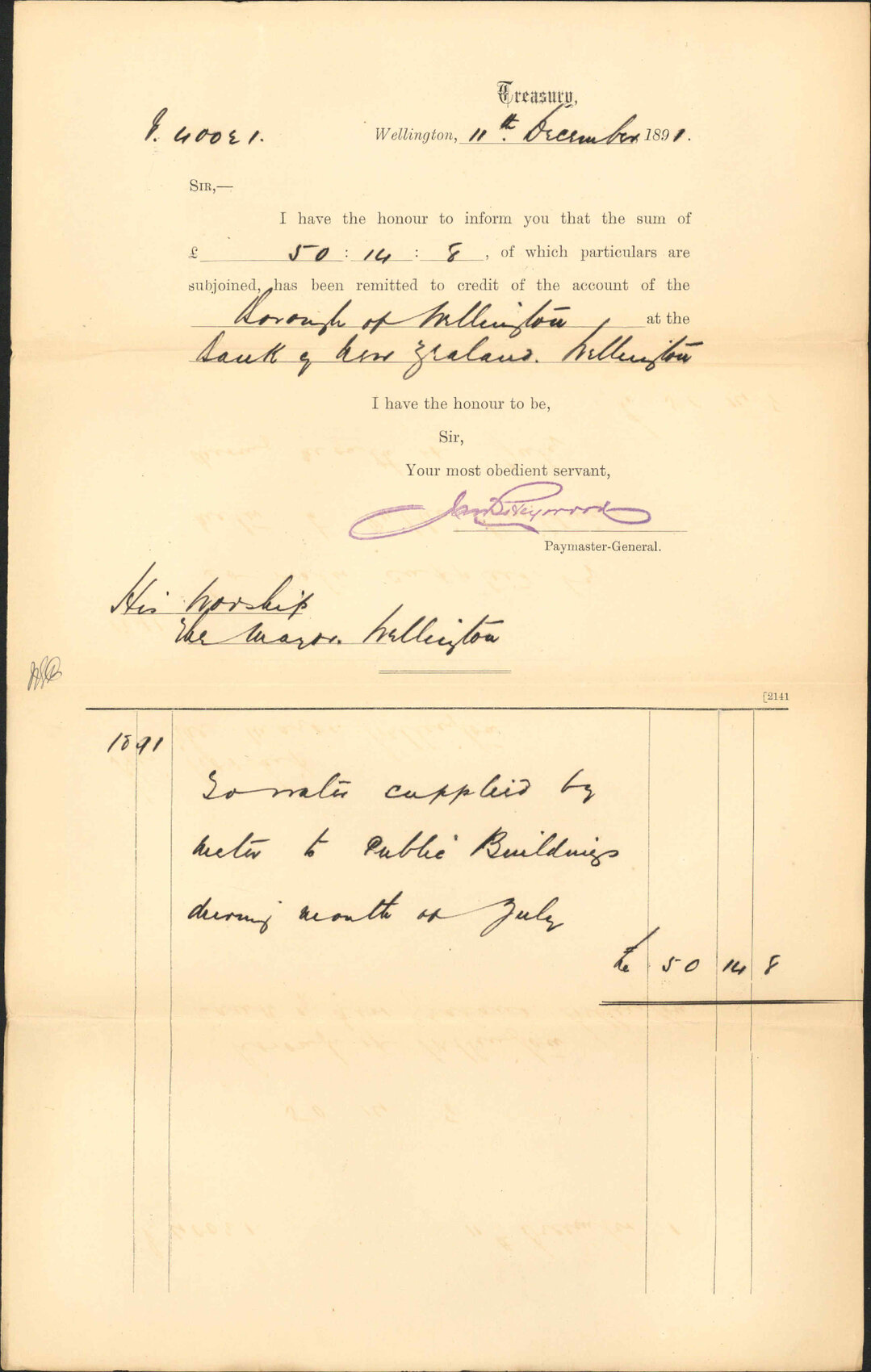 Advising payment of water accounts - Treasury