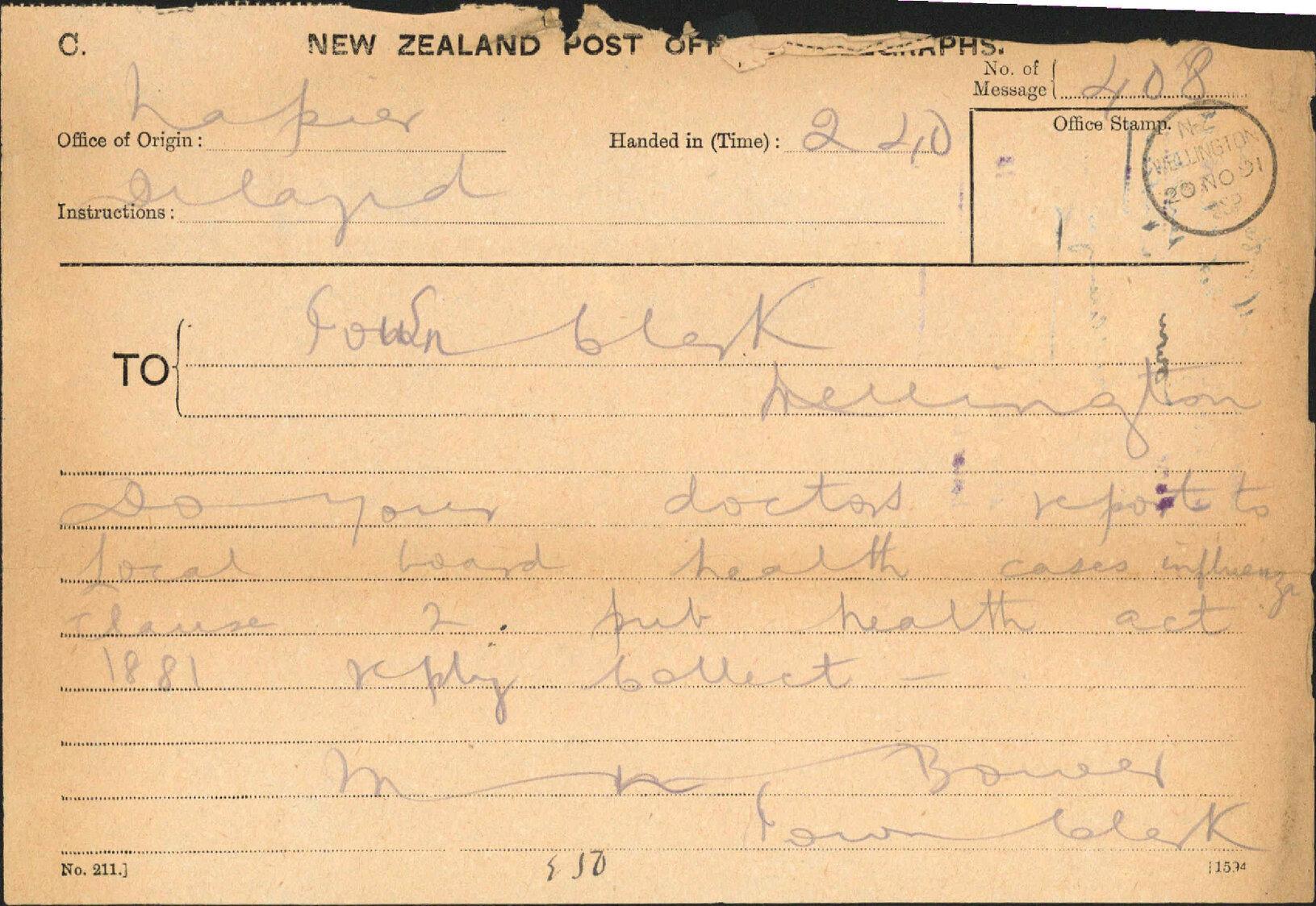Influenza - Town Clerk, Napier